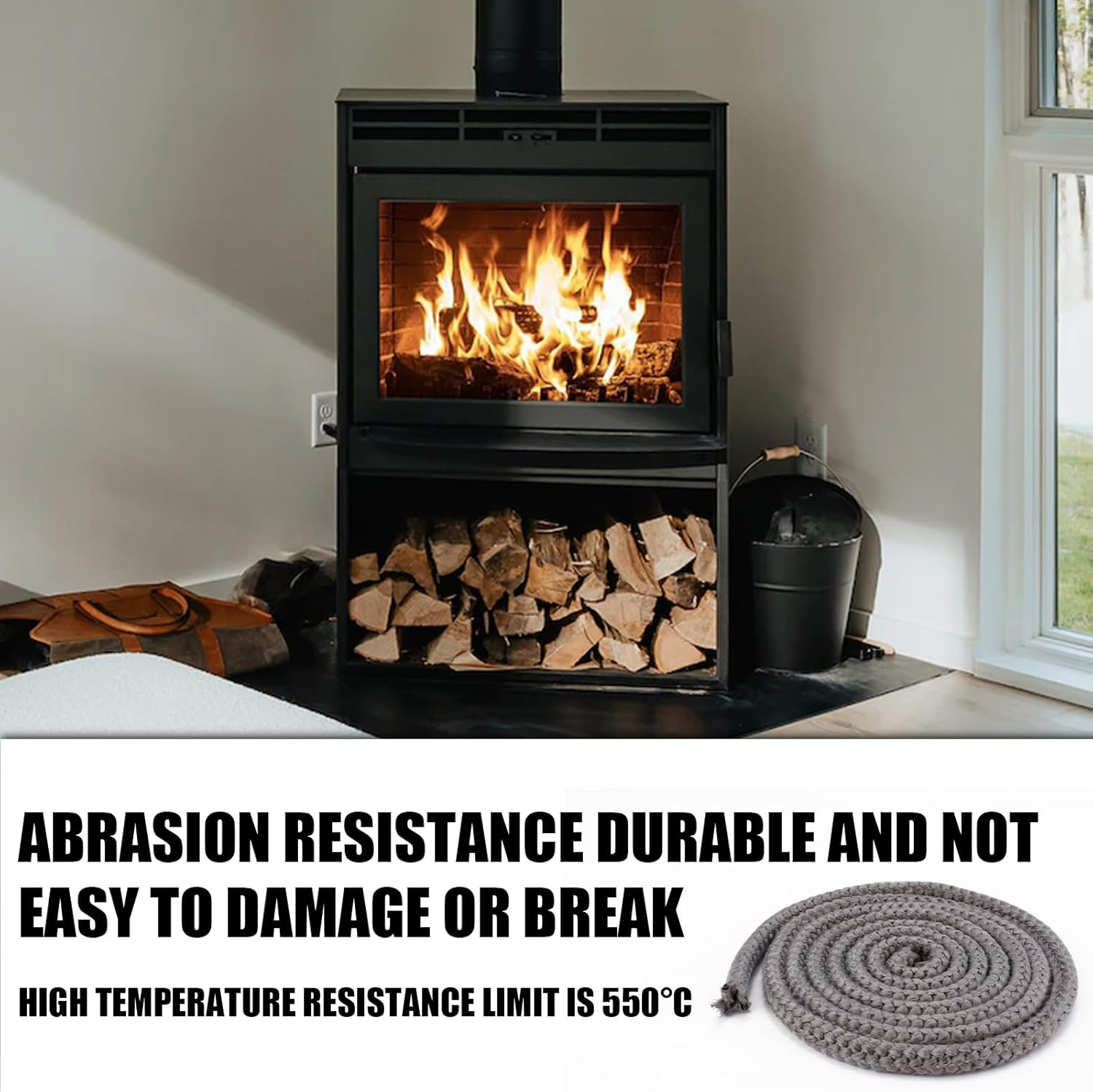 Fireplace Seal Rope, 8.2Ft X 0.55In Graphite Impregnated Fiberglass Rope Seal Gasket Replacement Wood Stove Door Gasket for Fireplaces Stoves Wood Burning image number 6