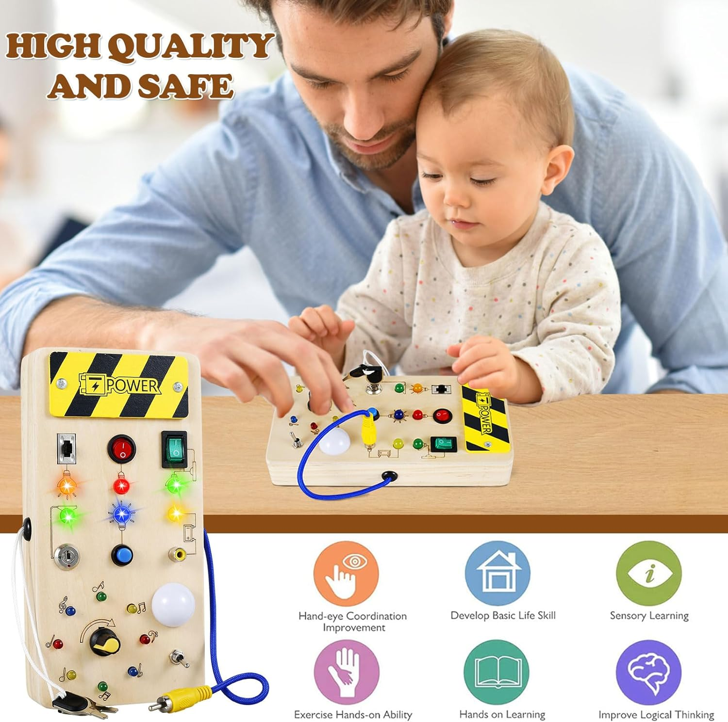 Montessori Busy Board for Toddlers LED Light Switch Busy Board Toddler Busy Board Travel Toy Wooden Sensory Toys with 8 LED Light Switches Educational Learning Toy for Toddlers Kids Gift image number 2