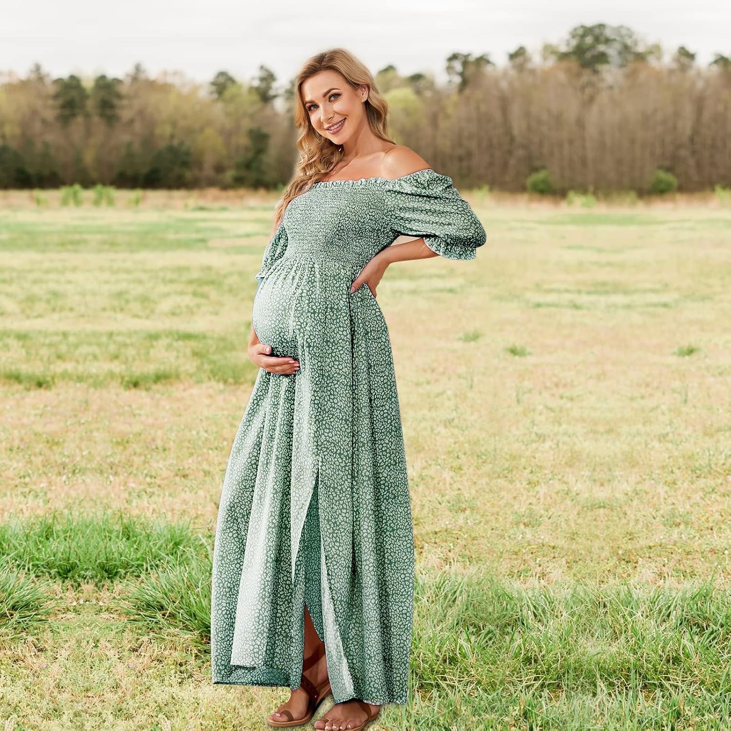 Floral Maternity Dress for Photoshoot Baby Shower, Square Neck Puff Sleeve Maternity Boho Smocked Pregnancy Dresses image number 1