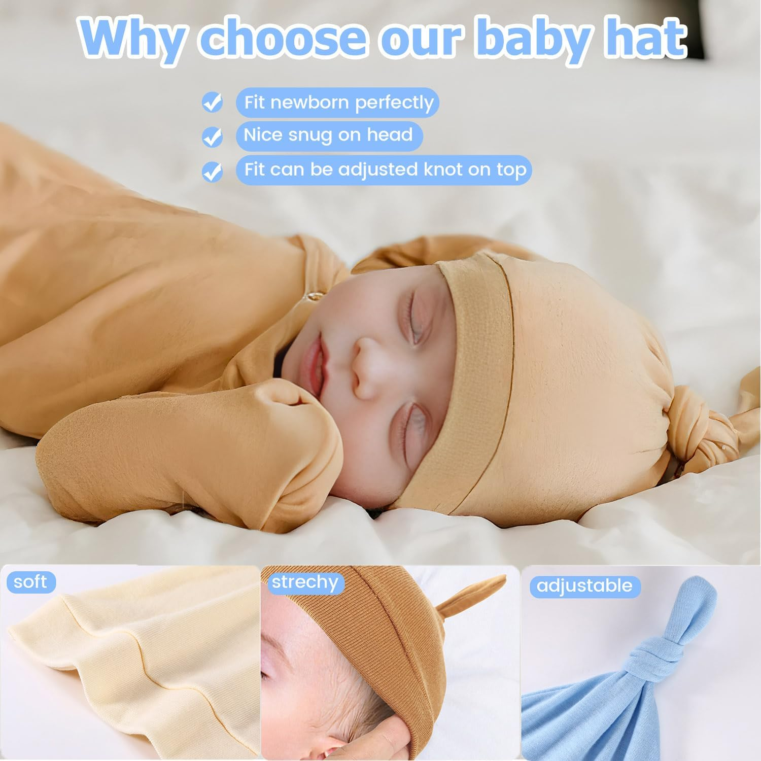 Beoffer 8 Pack Baby Newborn Hats Set Top-Knot Beanie Soft Stretchable Hats Adjustable Caps for Infant Girls Boys 0-6 Months image number 3