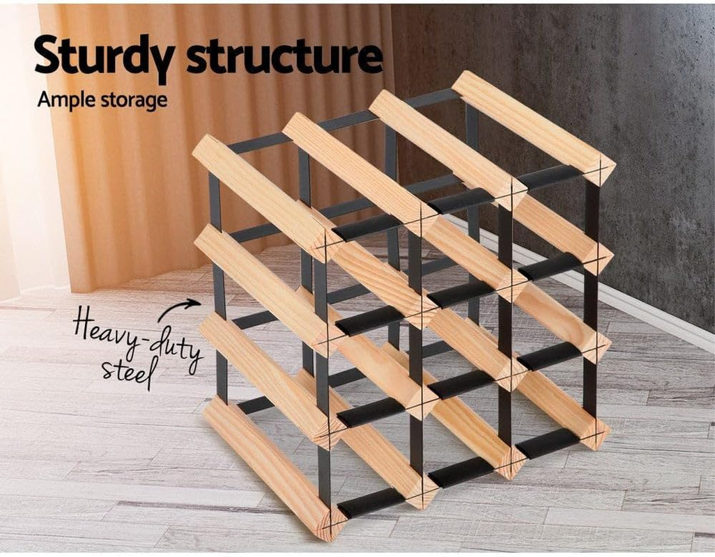 Artiss 4 Tier 12 Bottle Wine Rack, Wooden Timber Wines Bottles Storage Racks Holder Freestanding Display Organiser for Kitchen Cellar Bar, Stackable Modular Pine Wood 32 X 32 X 23.5Cm image number 3