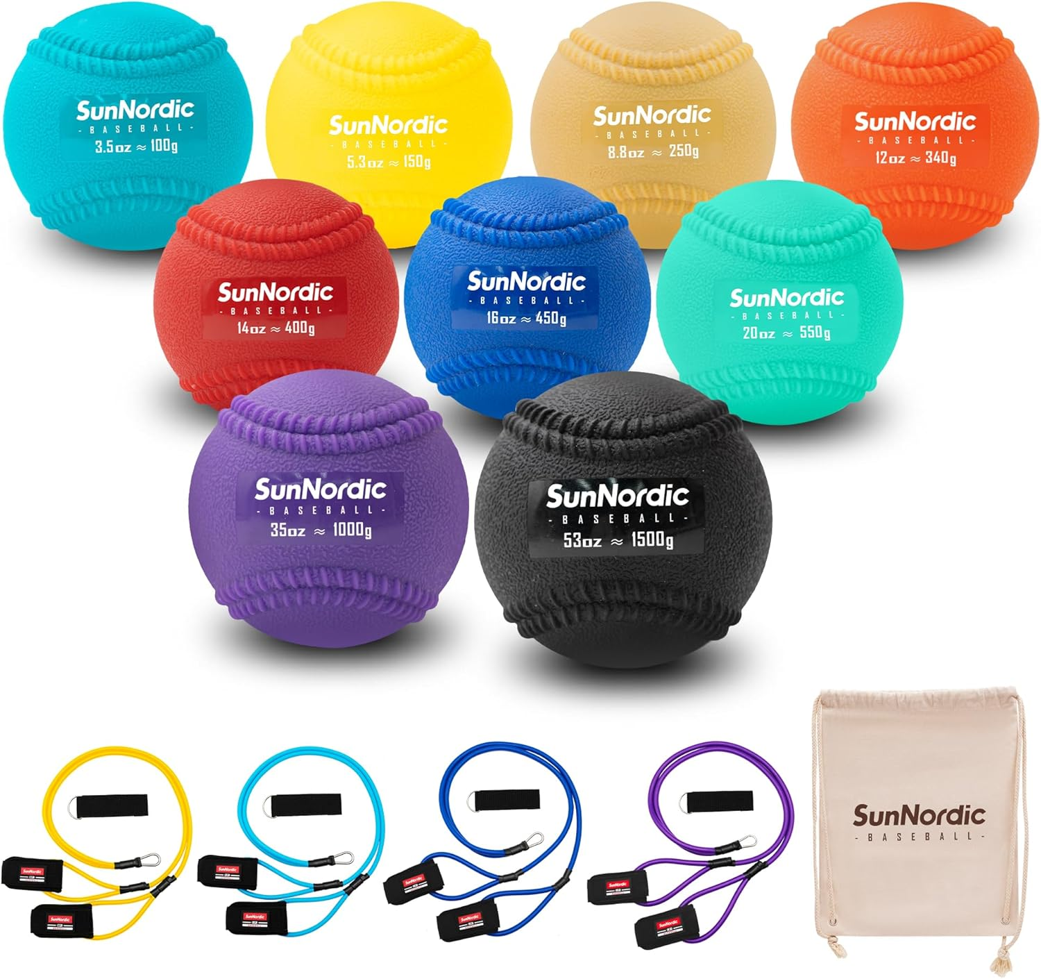 Sunnordic 6/9 Pack Seams Plyometric Weighted Baseball Set (3.5-16/35/53/70 Oz) - Variable Weight Plyo Baseballs for Improved Power & Pitching Training - for All Skill Levels image number 2