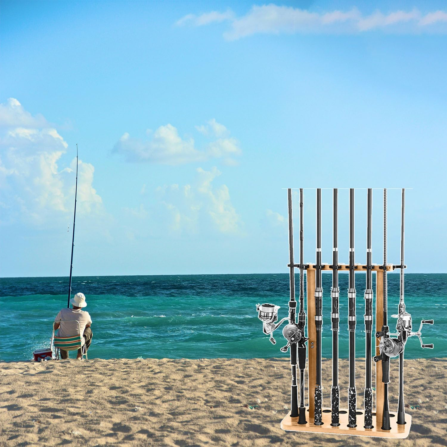 100% Wood Fishing Rod Rack | Garage Storage Solution Holds 14+ Rods & Combos | Space-Saving Floor Stand image number 3