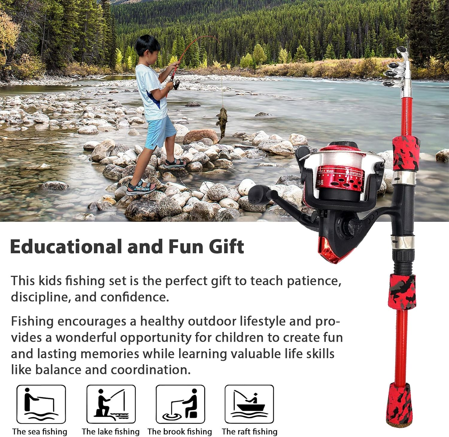 Spinning Fishing Pole Kids &ndash;Telescopic Fishing Rod & Reel Combo, Tackle Box, Carry Bag for Boys and Girls with Full Kits Hooks Lure Case for Youth Fishing and Beginner - 2 Pack - Blue  Red image number 6