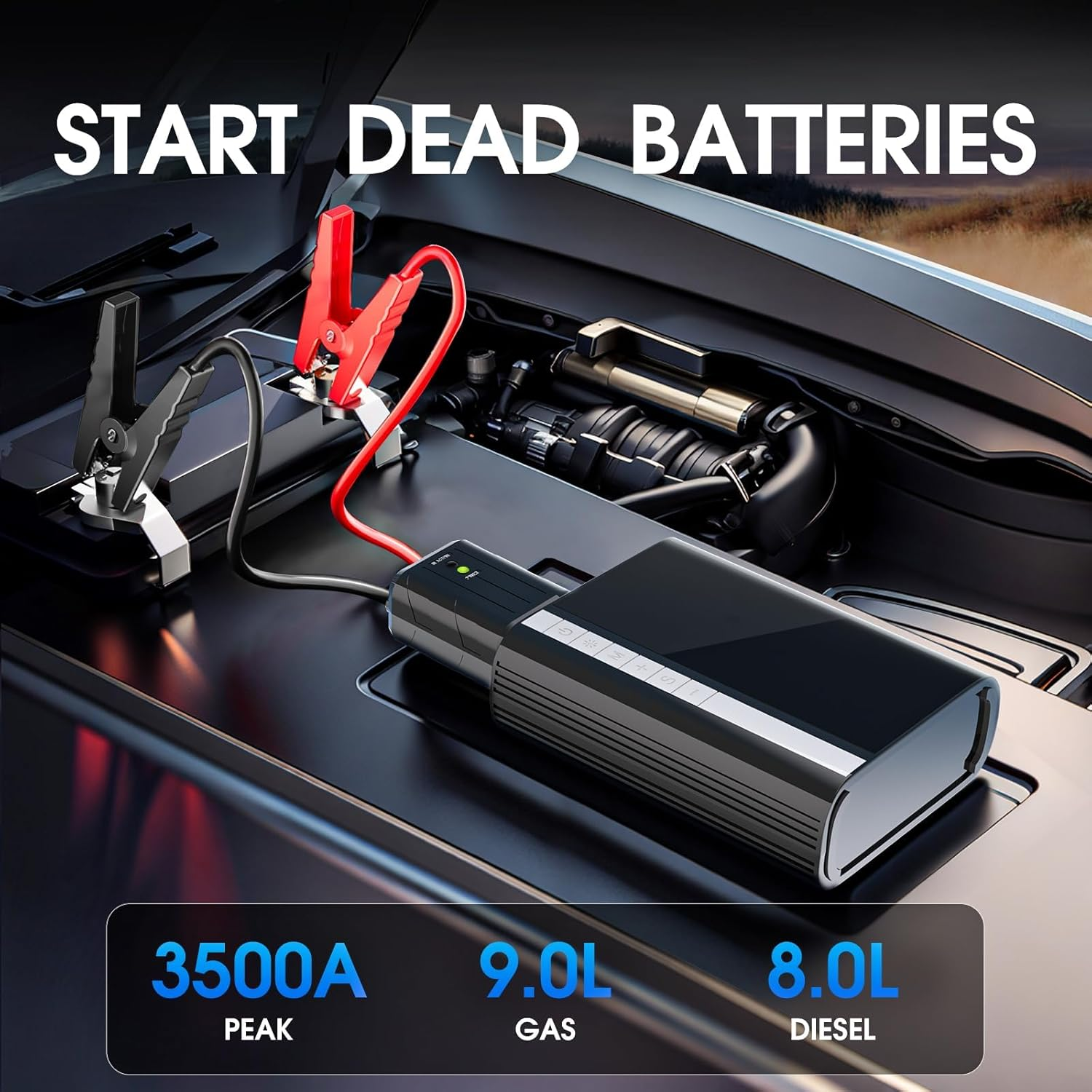 Car Jump Starter with Air Compressor, 10000Mah Battery Pack Jump Starter 1500A Peak for up to 7.0L Gas and 5.5L Diesel Engine, 12V Battery Booster Jump Box with LED Display/Flashlight/Jumper Cable/Usb image number 5