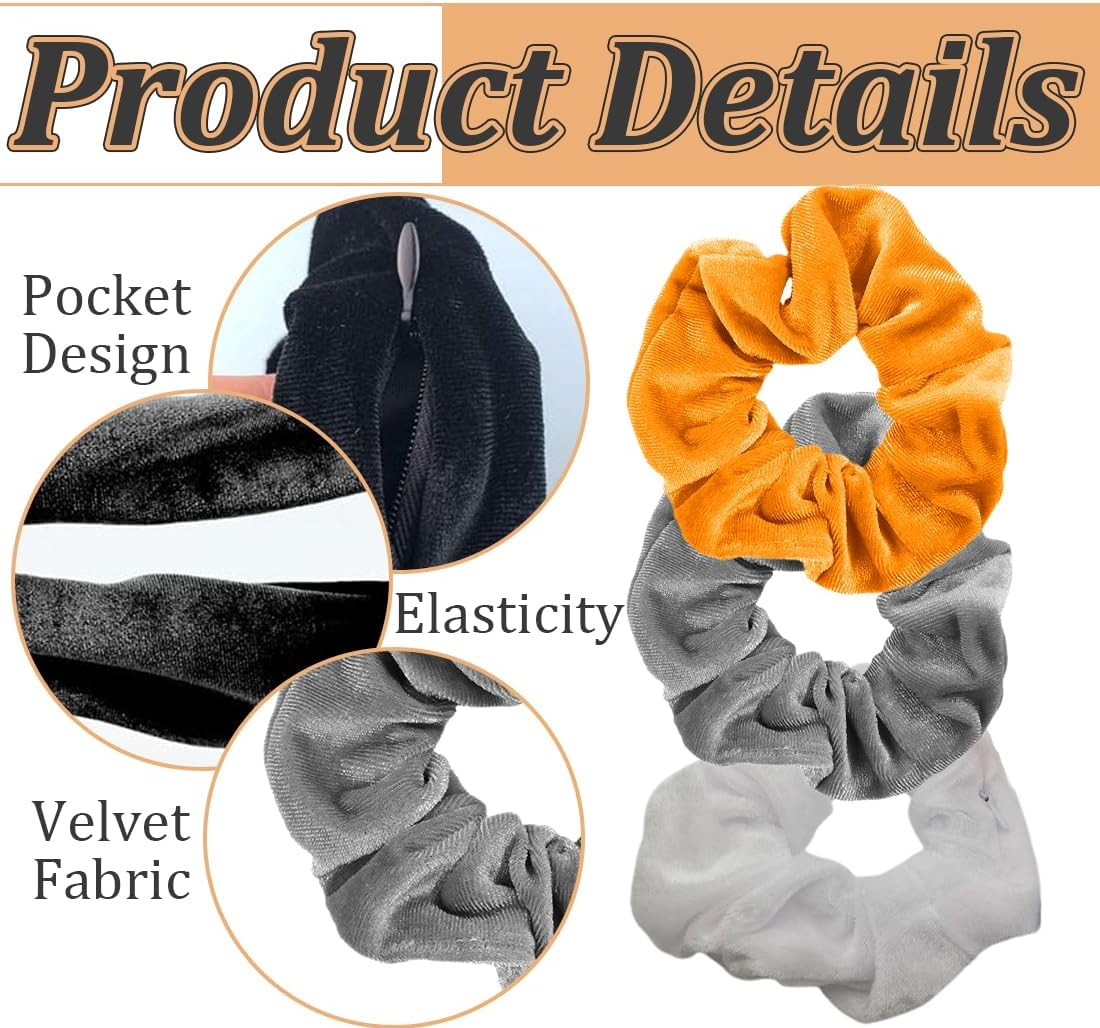 Pack of 4 Women'S Velvet Scrunchies with Zip Pocket, Girls Elastic Cable Elastics, Velvet Scrunchies with Hidden Zip Pocket, Elastic Hair Bands image number 5