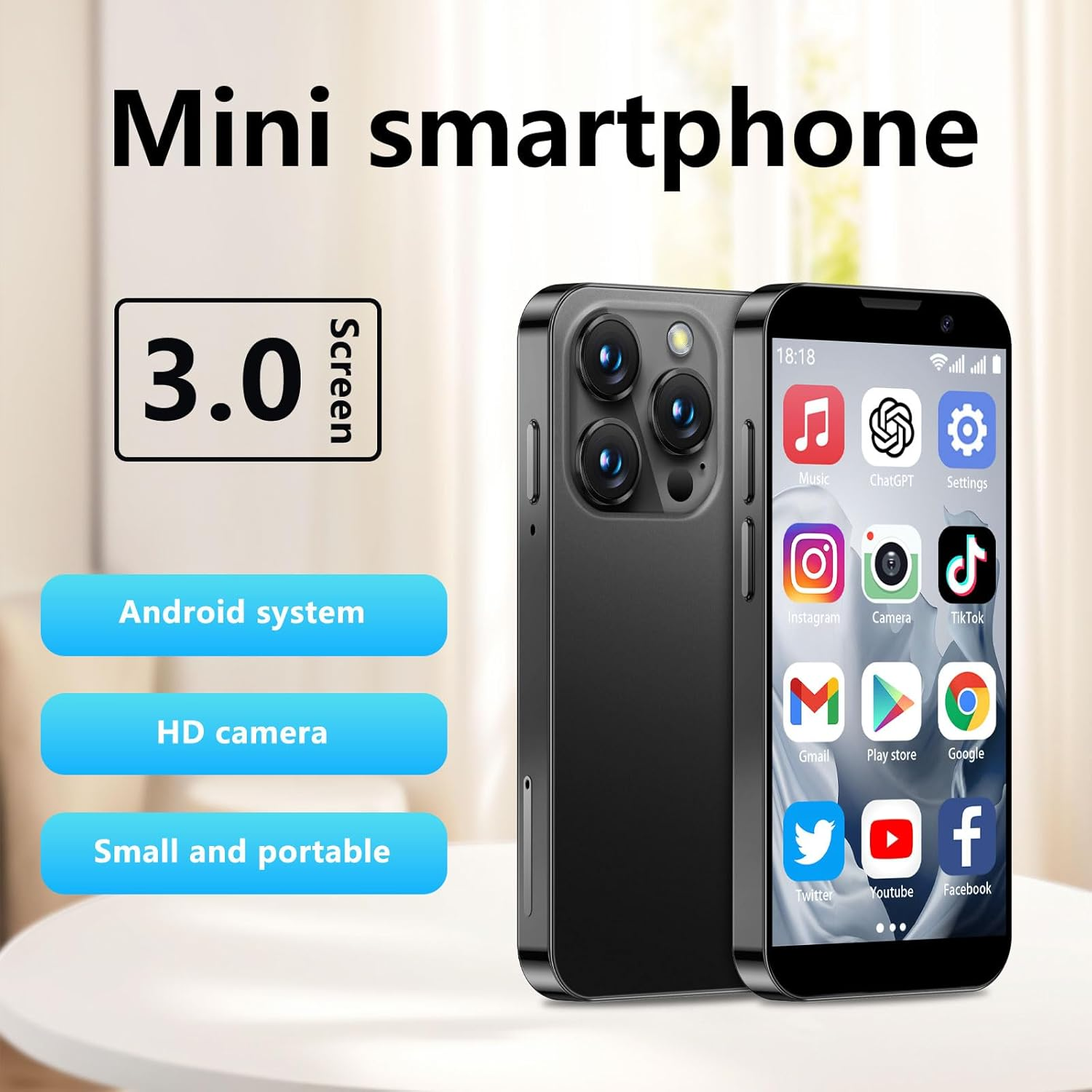 3.0&rdquo; HD Touch Screen Mini Smartphone, Unlocked Android Mini Phone, Face Recognition, Dual SIM, Wifi, GPRS, Ultra-Thin Body for Kids Phone, Cell Phone with Quad-Core Pink - Black image number 7