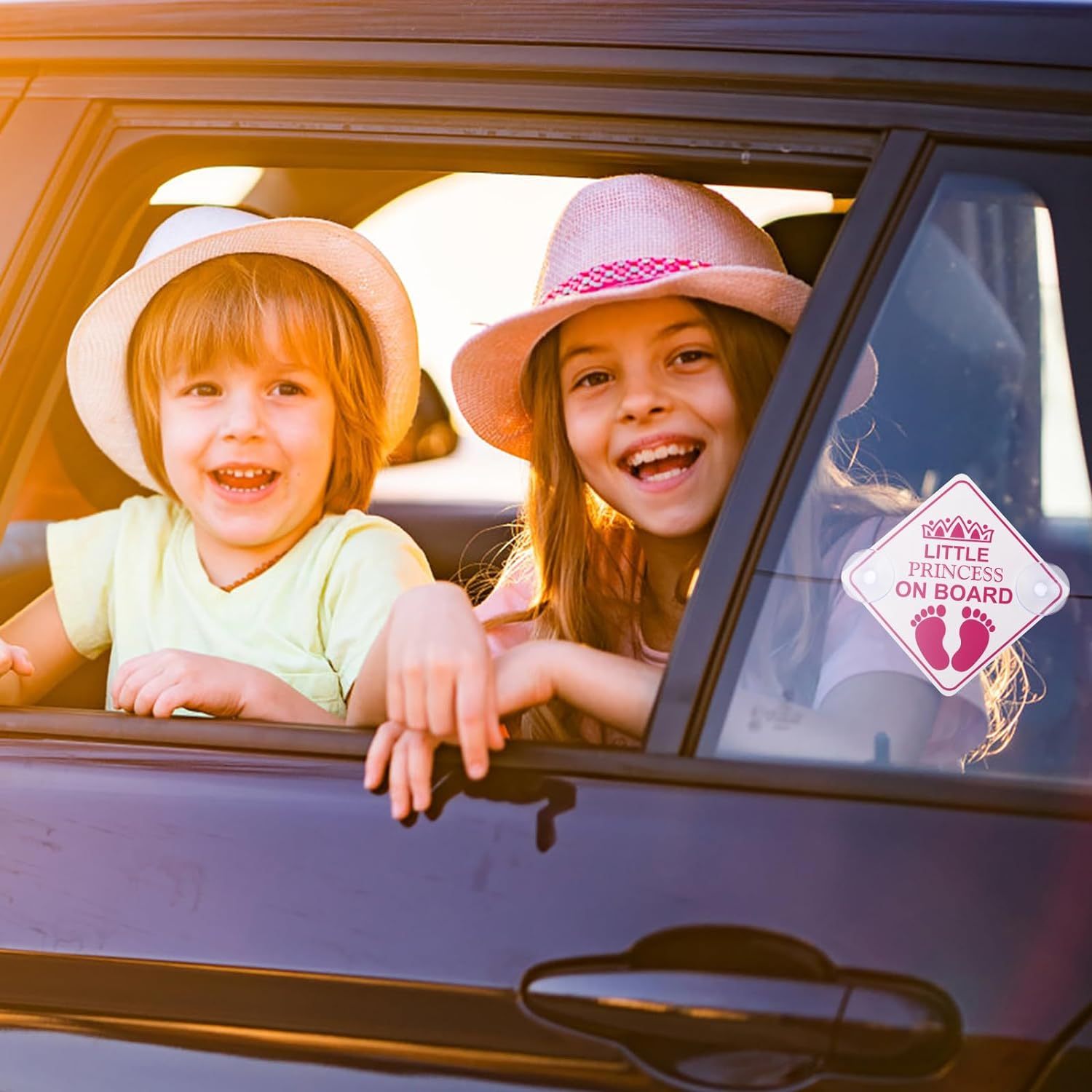 Amabro Little Princess on Board Warning Signs, 2Pcs 5" X 5" Safety Car Bumper Sticker with Double Suction Cups, Reusable Baby in Car Decal, Pink