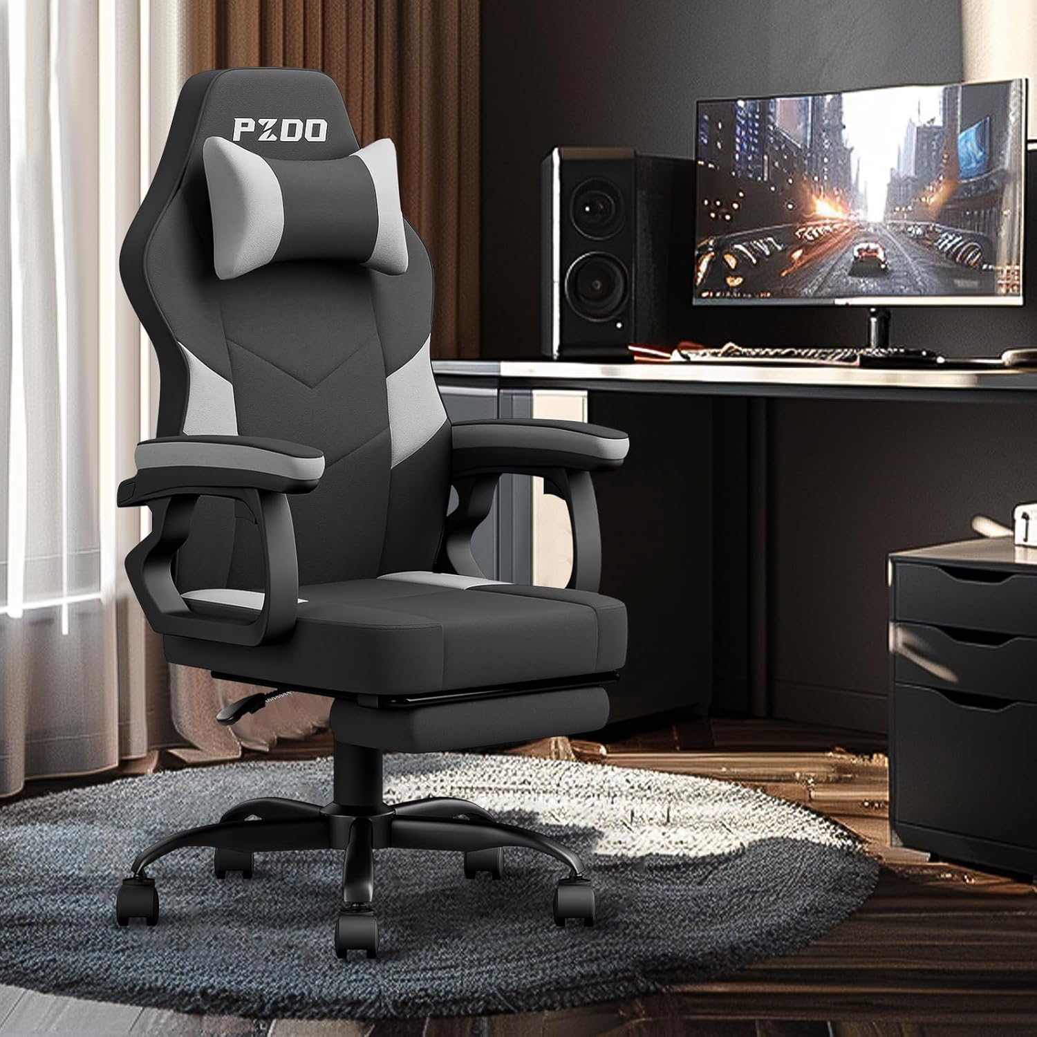 Office Chair, Computer Chair for Adults, Ergonomic Office Chair with Footrest, Desk Chair with PU Leather & Lumbar Support, Gaming Style Pc Chair for Teens, Kids, 300LBS, Black-Grey image number 1