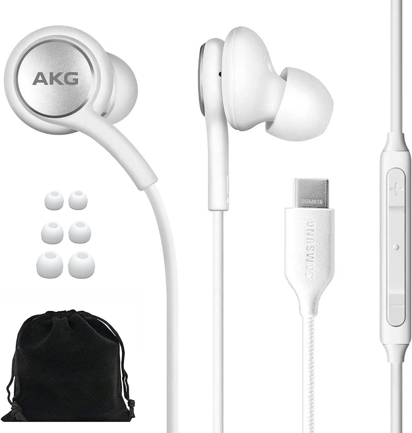 Samsung AKG Earbuds Original USB Type C In-Ear Earbud Headphones with Remote & Mic for Galaxy S23 Ultra, A53 5G, S22, S21 FE, S20, Note 10, 10+, S10 plus - Braided - Includes Velvet Pouch - White image number 5