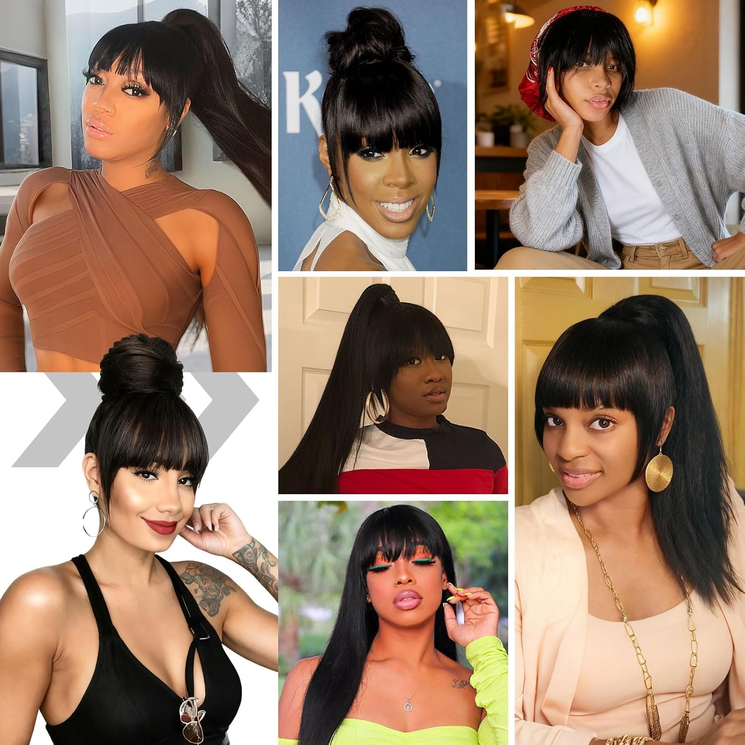 G&T Wig Yaki Clip in Bangs for Black Women Short Straight Bangs Hair Extensions Clip on Bangs with Temple Thick Bangs Fringe Hairpieces (1B,Single Bangs) image number 1