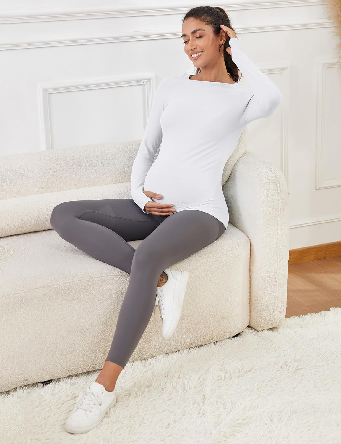 Mathcat Seamless Maternity Shirts Long Sleeve Maternity Tops for Women Pregnancy Shirts Athletic Workout Yoga Casual Tee image number 3