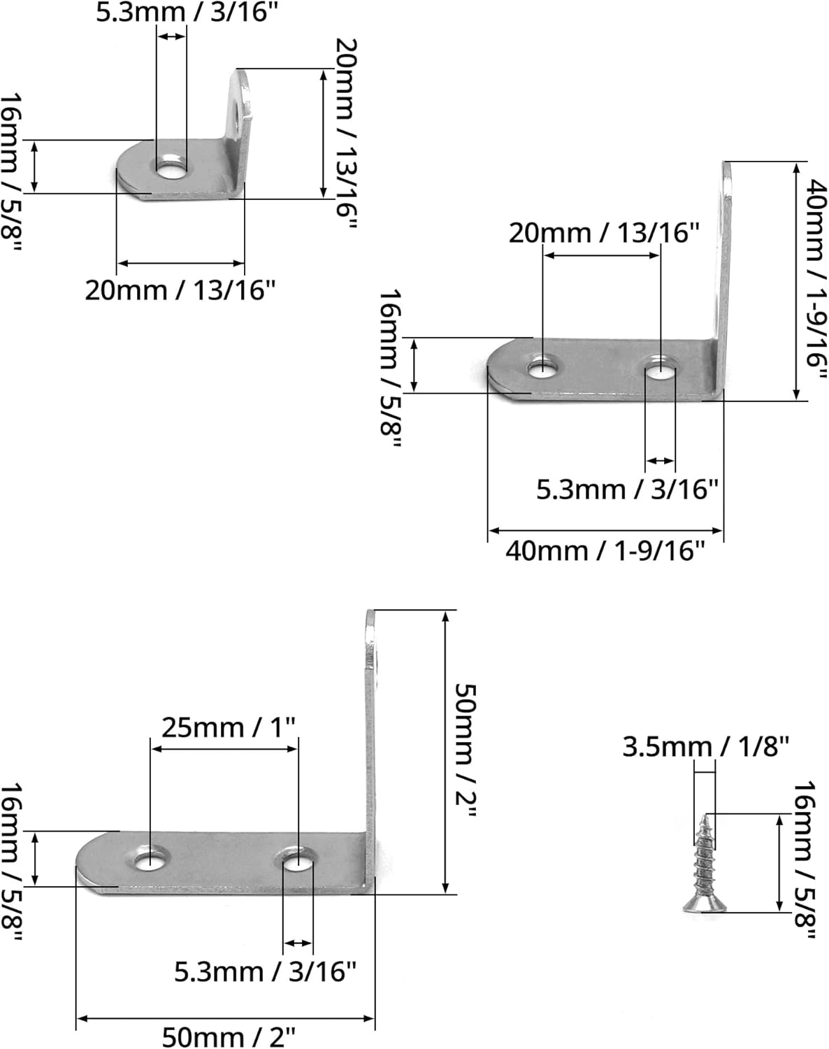 QWORK L Brackets for Wood , 28Pcs Corner Brace , Stainless Steel , 16X20Mm , 16X40Mm , 16X50Mm , 90 Degree L Shaped Brackets for Furniture Fixation
