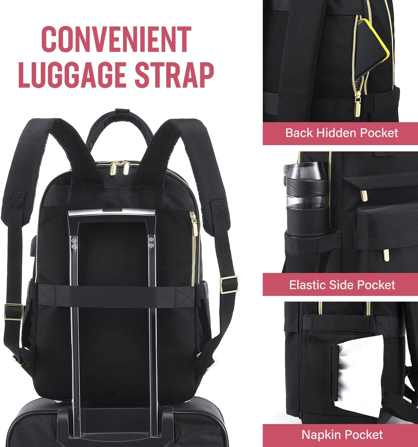 LOVEVOOK Laptop Backpack for Women 15.6 Inch Laptop Bag with USB Port, Fashion Waterproof Backpacks Teacher Nurse Stylish Travel Bags Vintage Daypacks Bookbag for College School Work - Black image number 3