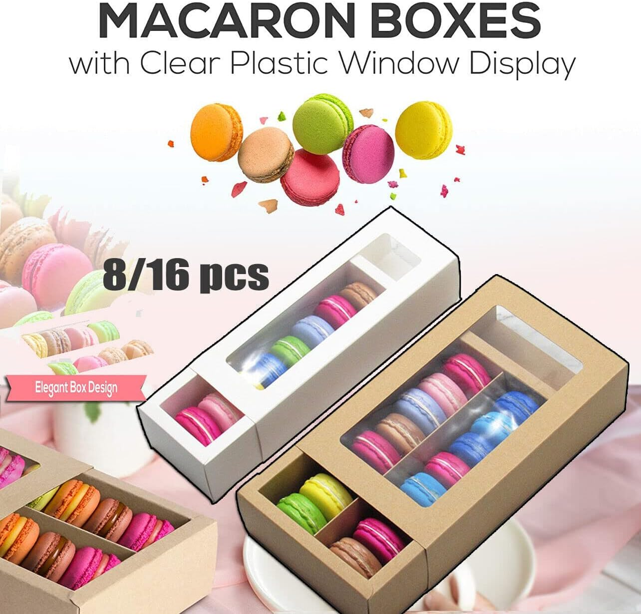 AIMALL 25PCS White/Kraft Macaron Boxes, 8/16 Hold Rectangular Favour Bomboniere Cookie Packaging, 8.07X2.76X1.97In & 8.19X4.92X1.97In, Easy Assemble, Durable, Flat Pack, No Glue - Kraft 8 Hold image number 3