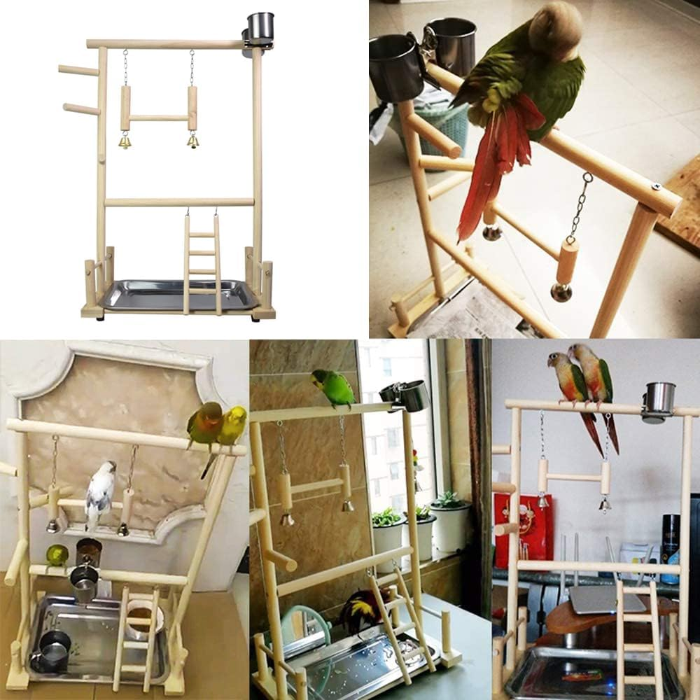 Bird Playground Parrot with Feeding Cup, Natural and Safe Wooden Swing Climbing Ladder, Stainless Steel Basin Parrot for Home Room Desktop image number 1