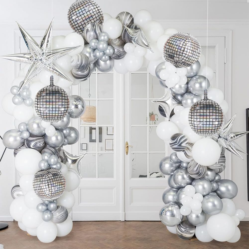 Silver Disco Ball Mylar Foil Balloons 22 Inch Huge 4D round Metallic Sphere Party Balloons for 70S 80S 90S Decorations Birthday Bachelorette Graduation 6 PCS image number 1