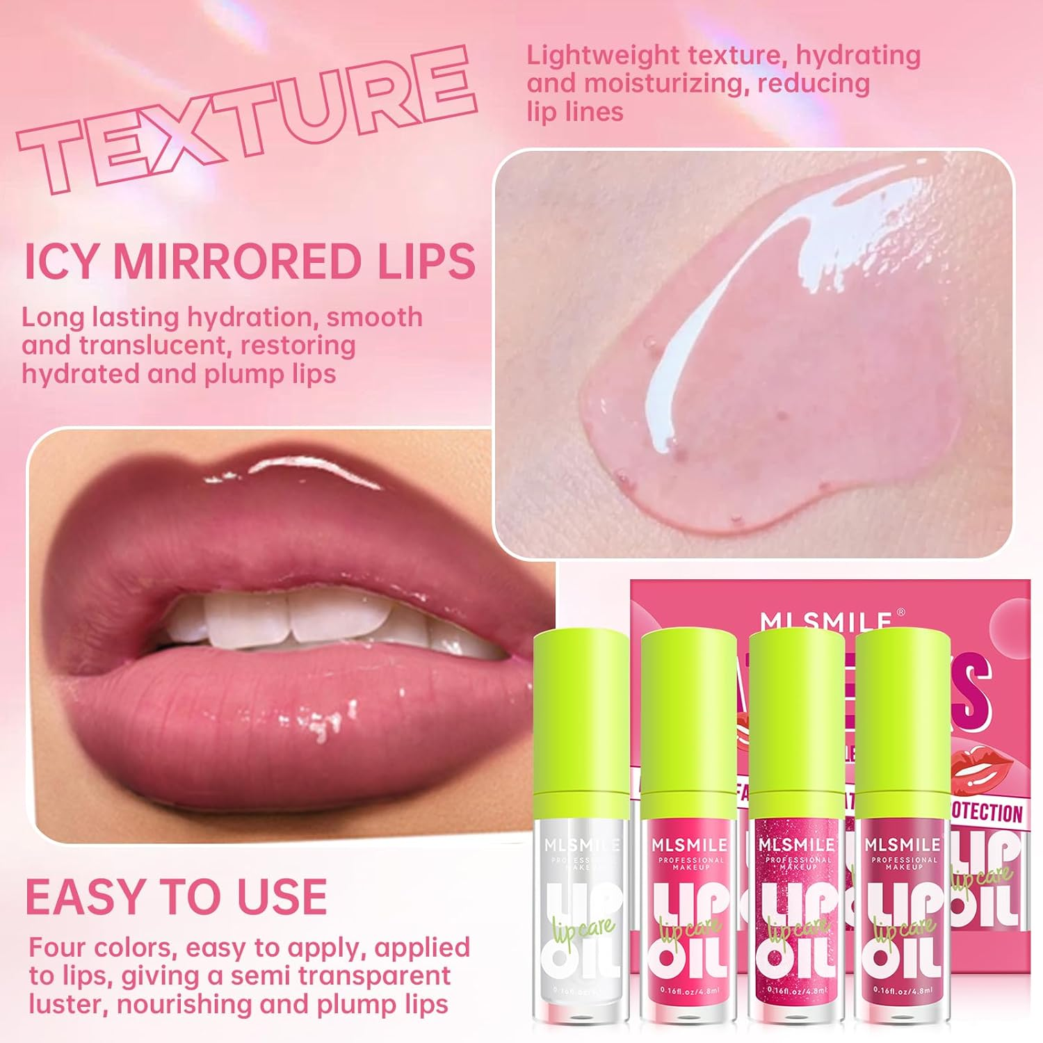 Noerrors 4 Colours Lip Oil and Lip Liner Set Long Lasting Lip Care Oil Large Brush Head Moisturising Clear Pink Glitter Transparent Lip Gloss Combination Makeup image number 6