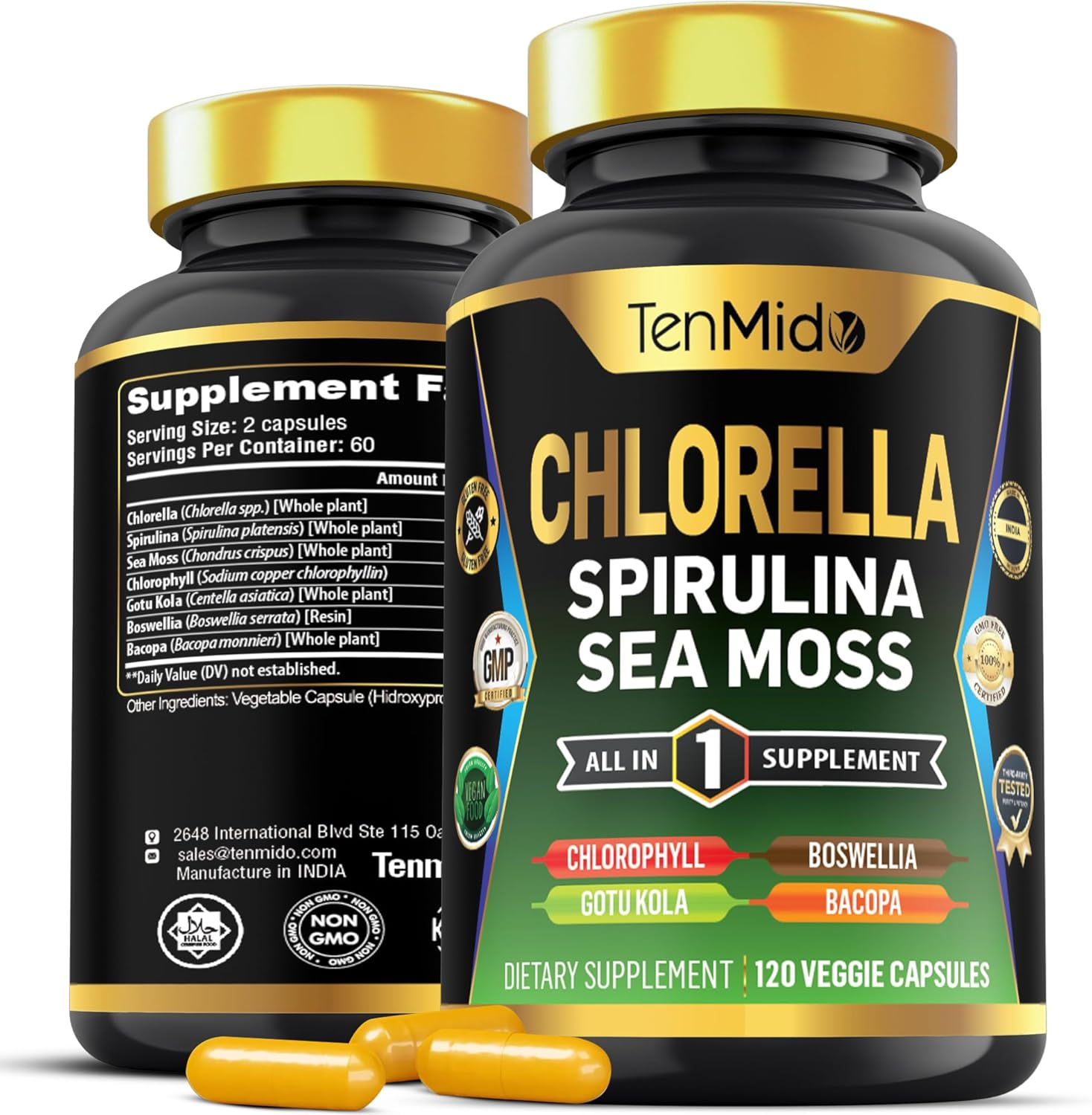 Organic Chlorella Supplement for Men and Women, 7In1 Formula with Spirulina, Sea Moss, Chlorophyll, Gotu Kola, Boswellia & Bacopa - Immune Support - Rich in Nutrient, Vitamins - 120 Capsules image number 6