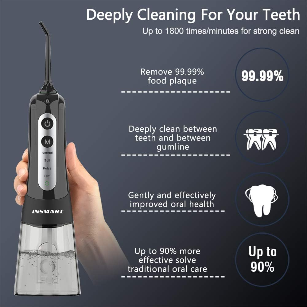 INSMART Water Flosser Cordless Dental Pick for Teeth Clean, Professional Oral Irrigator DIY 4 Modes IPX7 Waterproof 300ML Tank USB Rechargeable, Irrigate Jet for Plaque Removal Oral Gums Care - Black image number 3