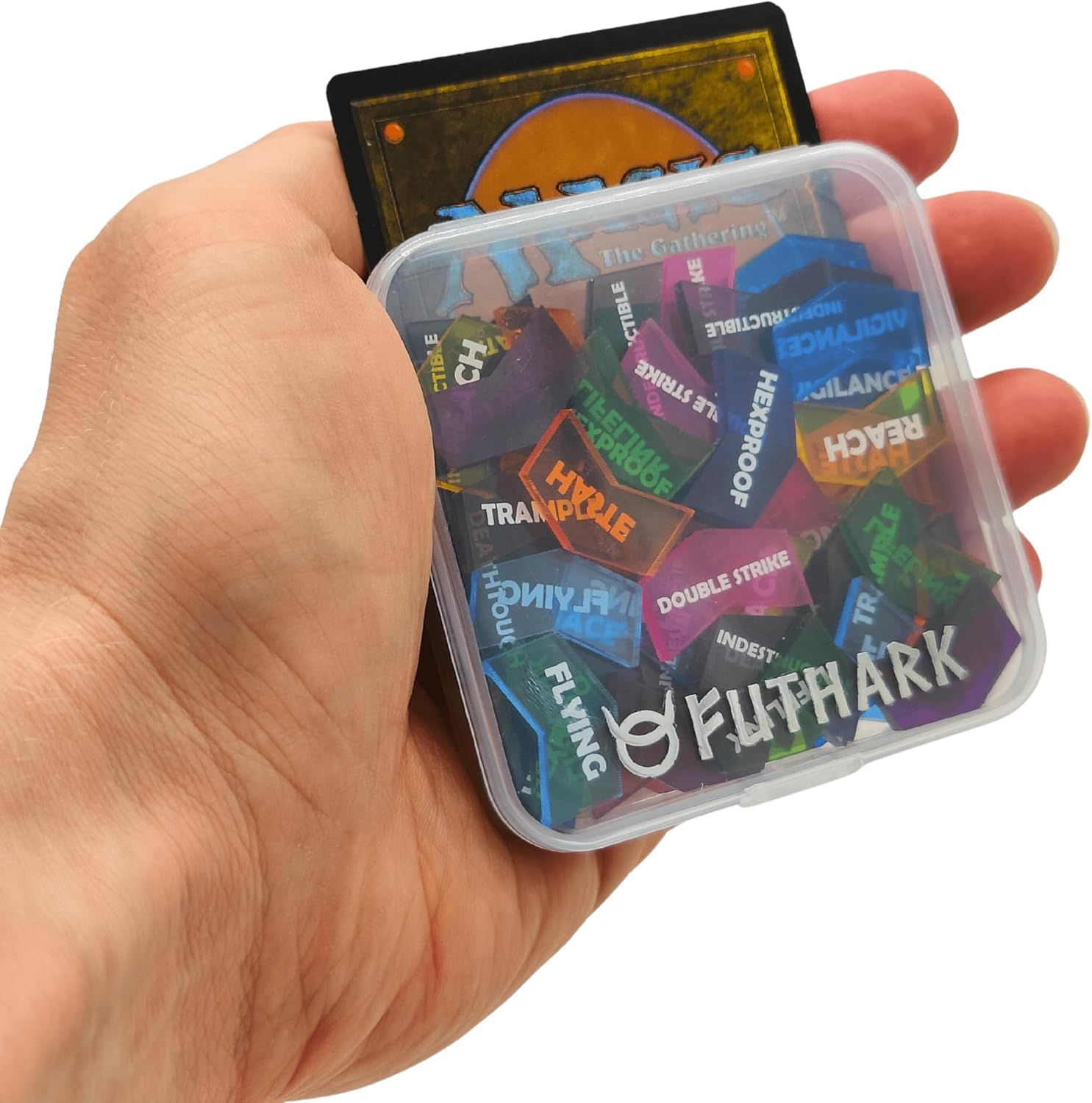 Futhark MTG Counter Dice Set - 25 Compact Multicolored Acrylic Dice with Plus/Minus Counters - Easy to Carry & Easy to Read - Accessories for Magic: the Gathering (Blank Tokens) image number 4