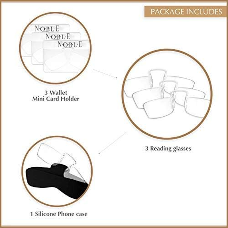 Noble Ultra Slim and Flat Reading Glasses Thin and Flexible Rimless (3 Pack) with 3 Wallet Mini Card Holder and 1 Silicone Stick on Portable Cell Phone Case for Men and Women (2.00-CLR) image number 5