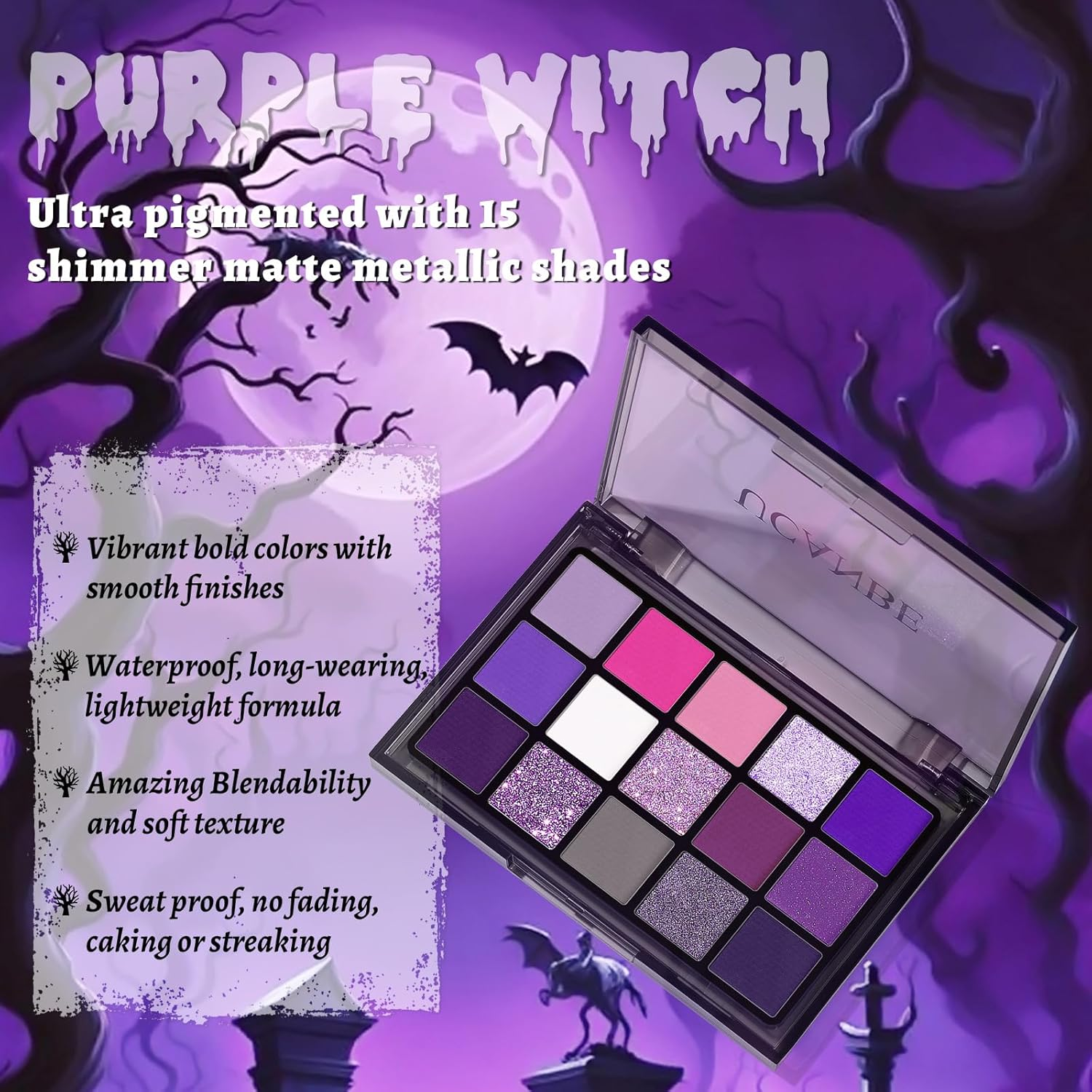 UCANBE Purple Eyeshadow Makeup Palette, 15 Colors Dark Smokey Shimmer Matte Metallic Glitter Eye Shadow Pallet, Violet Lavender Pink Make up Kit for Cosplay Halloween Ursula Witch Costume Parties image number 4