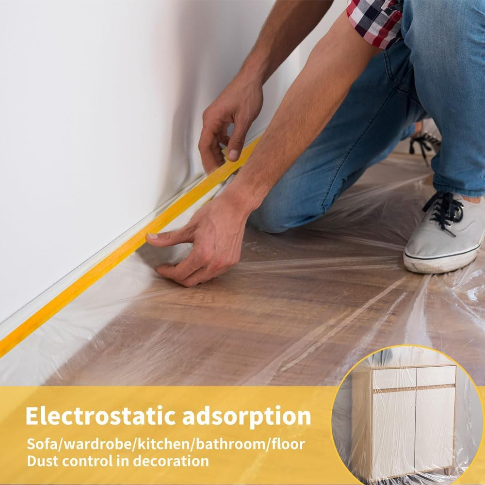 Pre-Taped Masking Film Protection for Appliance and Furniture Automotive Painters Wall Heavy-Duty Drop Cloth for Spray Painting Decorating Masking Tape Film(4 Rolls) image number 2