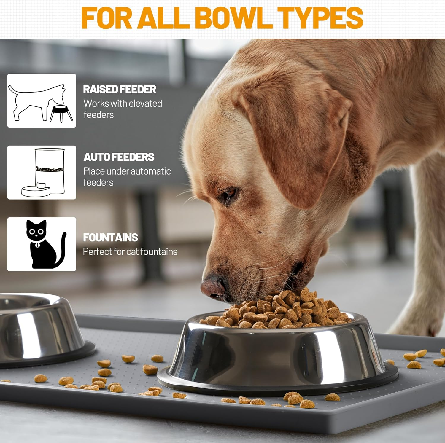 Hubulk Dog Cat Food Feeding Mat L (19"X12") XL (24"X16") or XXL (32X24) 0.5" & 1" Inch Raised Edge FDA Food-Grade Silicone Non Slip Waterproof Pet Food Mat Dog Bowl Placemat Large (XXL, Grey)