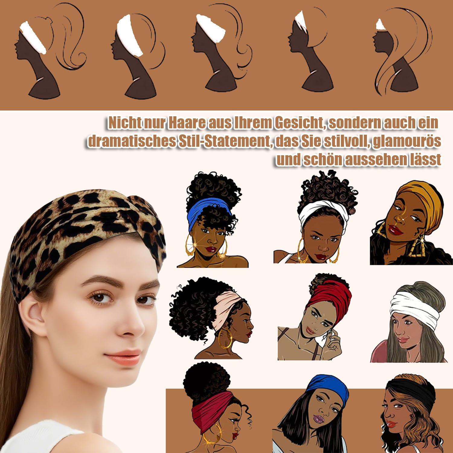 Norhogo Pack of 6 Elastic Headbands, Women'S Headband Elastic Wide Headbands, Headband Knot Sports Headwrap Headband Yoga Hair Accessories for Girls, Leopard Print, Plain image number 1