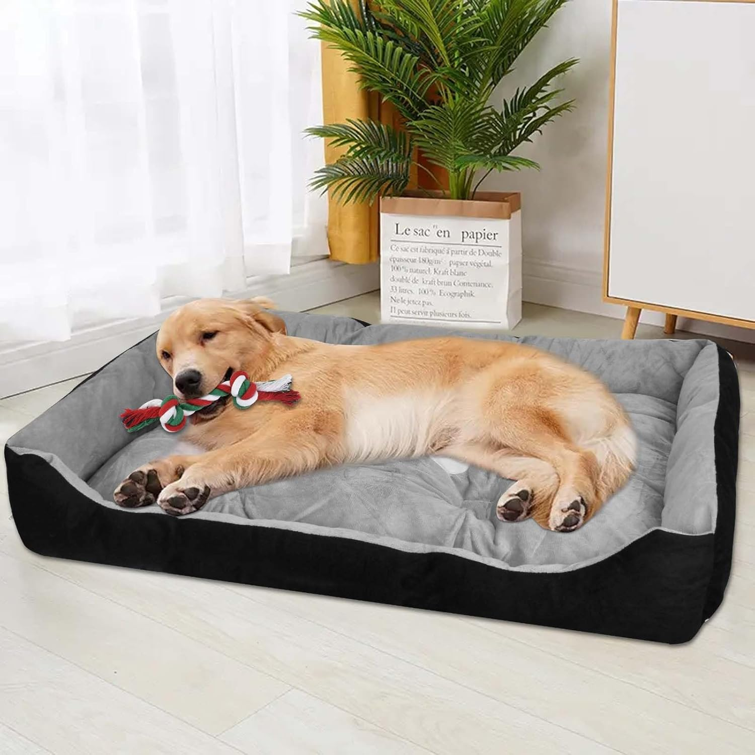 Dog Bed for Large Dogs, Fluffy Dog Bed, Washable, Soft Plush Dog Beds, Non-Slip Dog Basket, Dog Sofa, Pet Bed for Large Dogs and Cats, Black Grey, 90 X 70 Cm image number 2