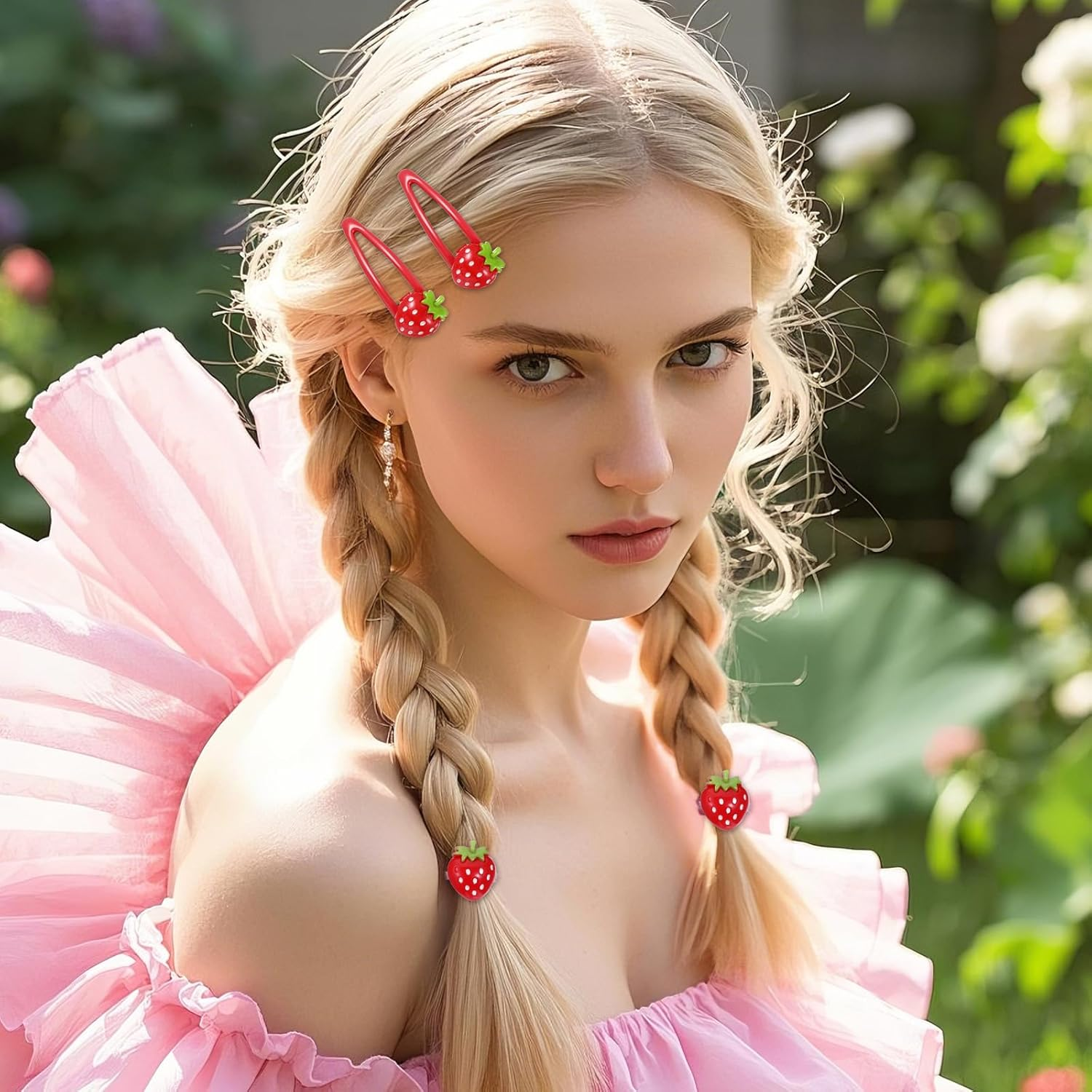 4 Pcs Strawberry Hair Clip and Hair Ties Set, Red Metal Snap Hair Clips Sweet Fruit Hair Barrettes Cute Strawberry Hair Accessories for Girls Toddlers Kids and Teens Gifts image number 3