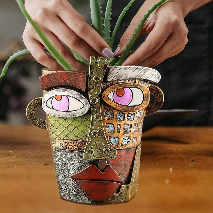 Picasso Brutalist Abstract Face Planters Pots Head, Unique Abstract Flower Pot, Funny Planters Decoration Flower Resin Face Flower Pot for Indoor and Outdoor Plants Colorful Funny Room Decor (Retro) image number 2