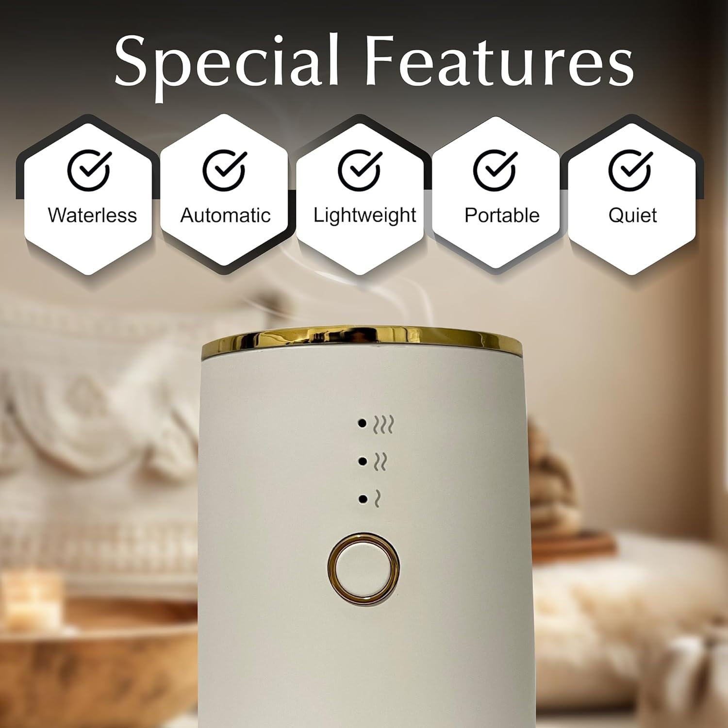 AURAFLOW [Australian Owned Small Business] Portable Waterless Essential Oil Aroma Diffuser for Home, Office, Bed, Car, Yoga, Sleep and Aromatherapy (White and Gold) image number 2