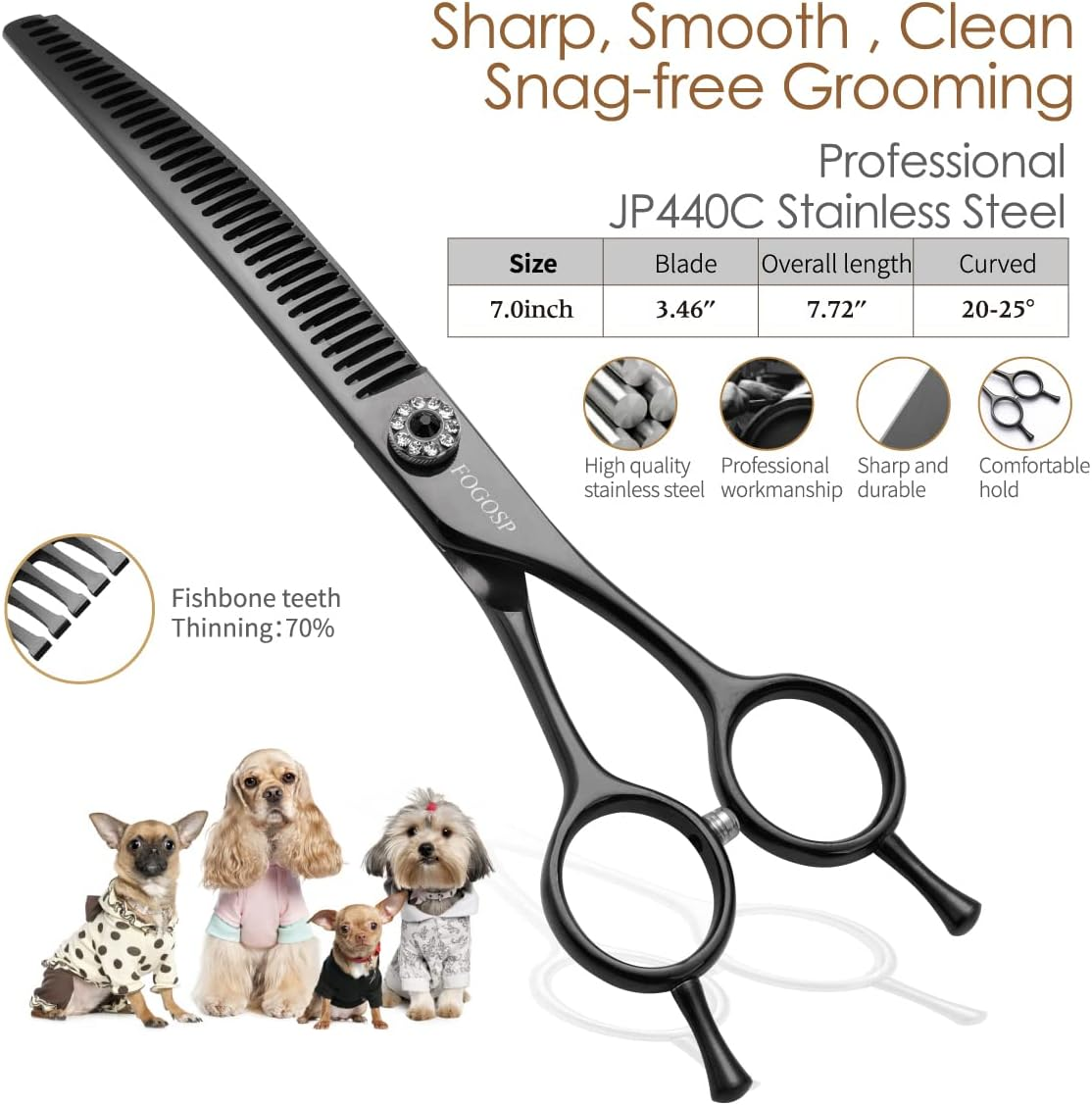 FOGOSP Curved Thinning Shears 7'' Chunker Shears Japan 440C Stainless Steel Professional Dog Scissors for Grooming Small Medium Pet 75% Thinning Rate(Black) image number 2