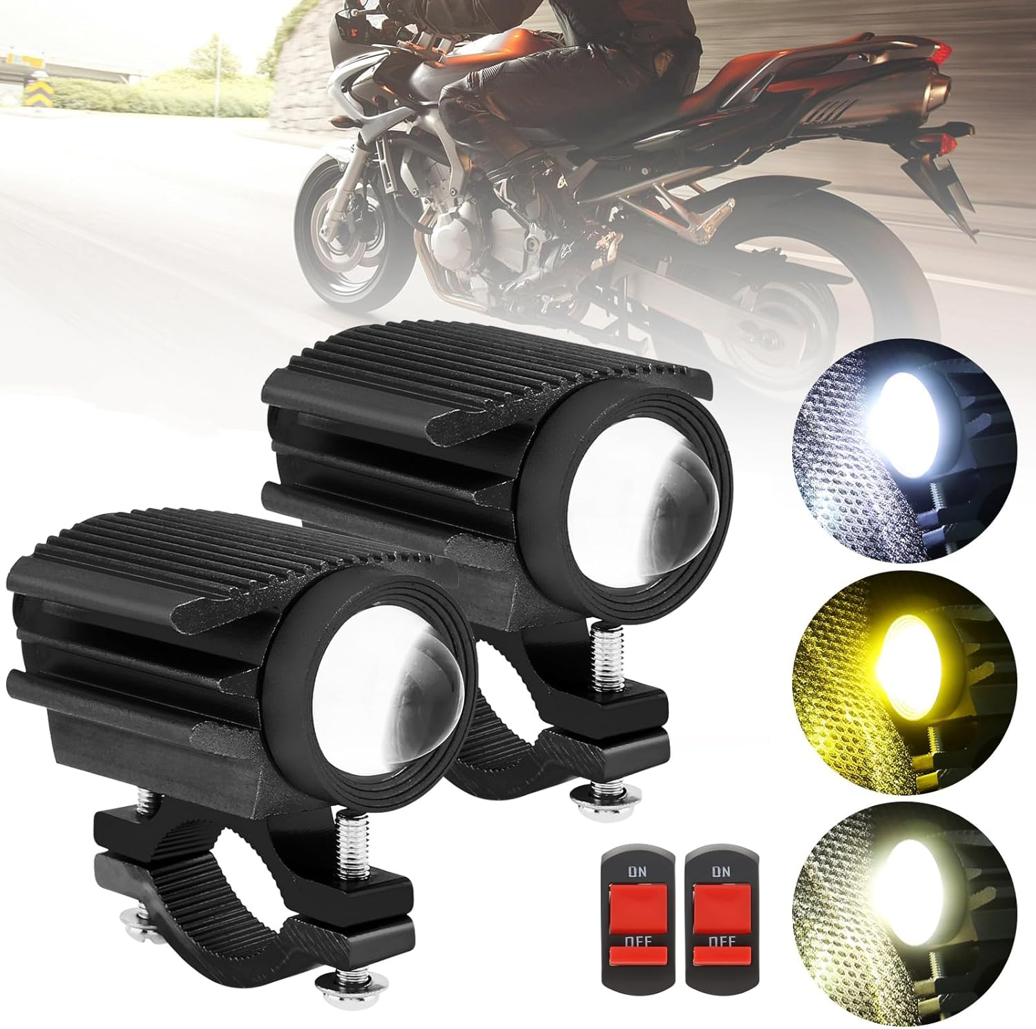 Windance 2PCS Motorcycle LED Headlight,32W 4 Modes Hi/Lo Beam Yellow White 6500K Waterproof Aux Spotlight for Tractor Truck/Atv UTV Suv/Boat 9V-85V (Black2Pcs) image number 6