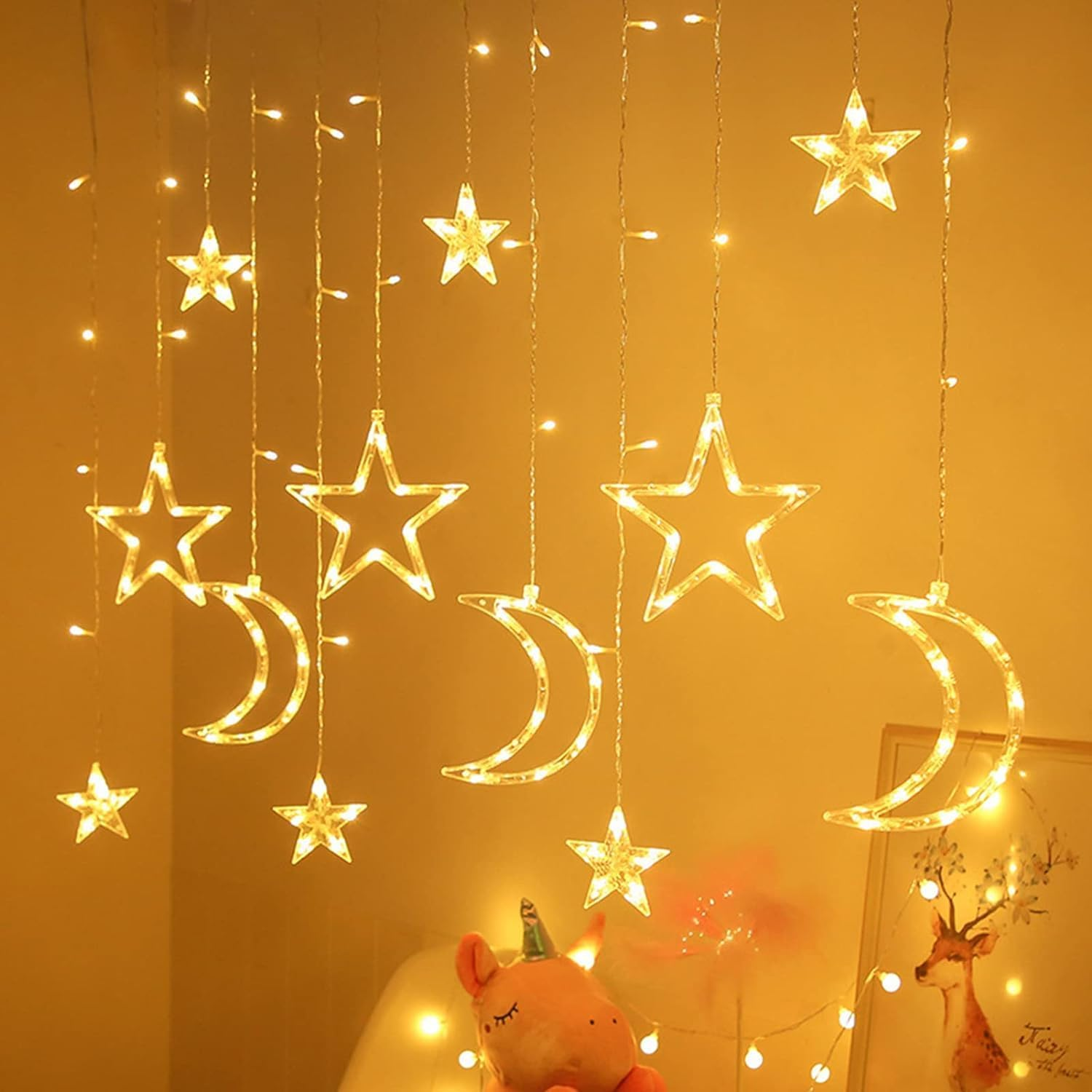 126 LED Star Lights, 3M Powered Twinkle Star Moon Fairy Lights, Curtain String Lights for Ramadan Window Wedding Garden Christmas Decoration (Warm White)
