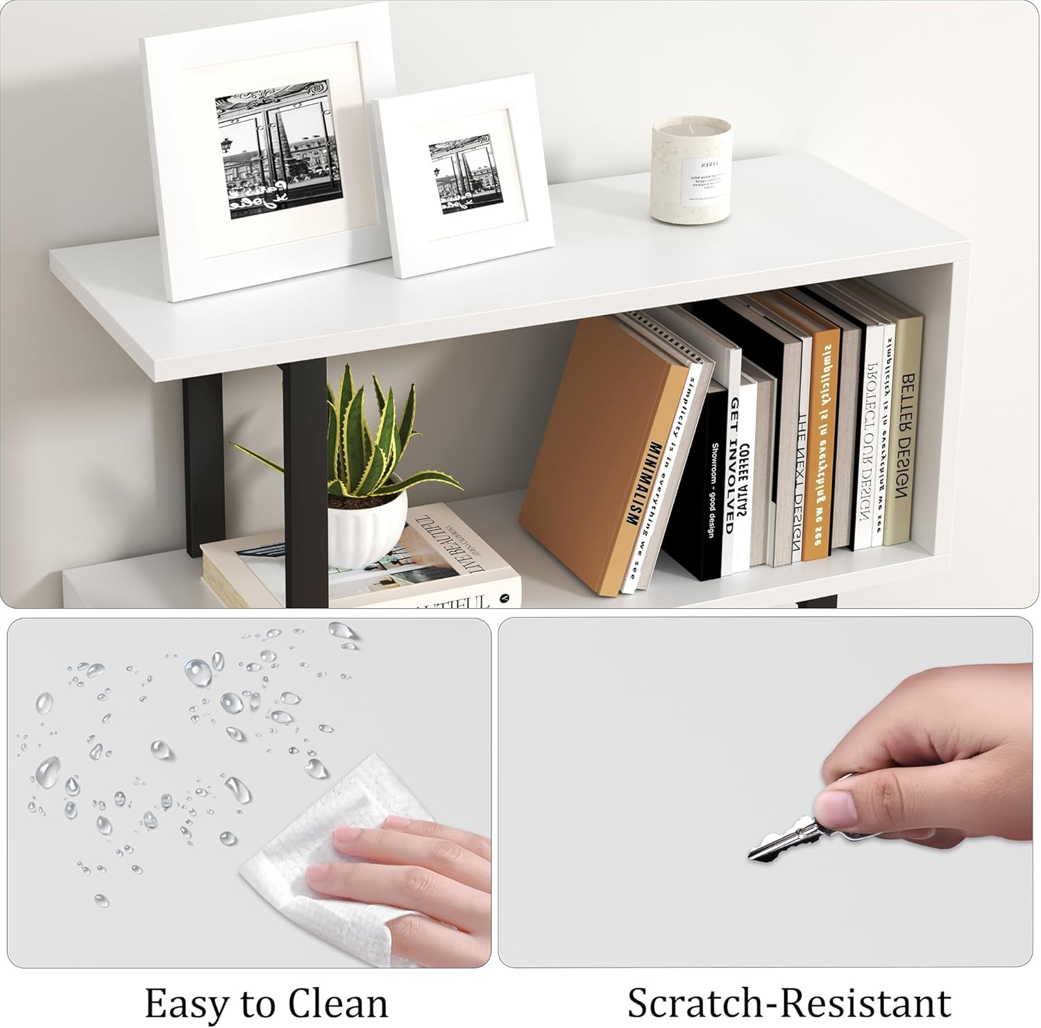 HOMEFORT 5-Tier S-Shaped Bookcase, Geometric Bookshelf for Living Room & Bedroom, Modern Wood & Metal Storage Shelf, Freestanding Display Shelves, Space-Saving Tall Book Shelf White and Black image number 4