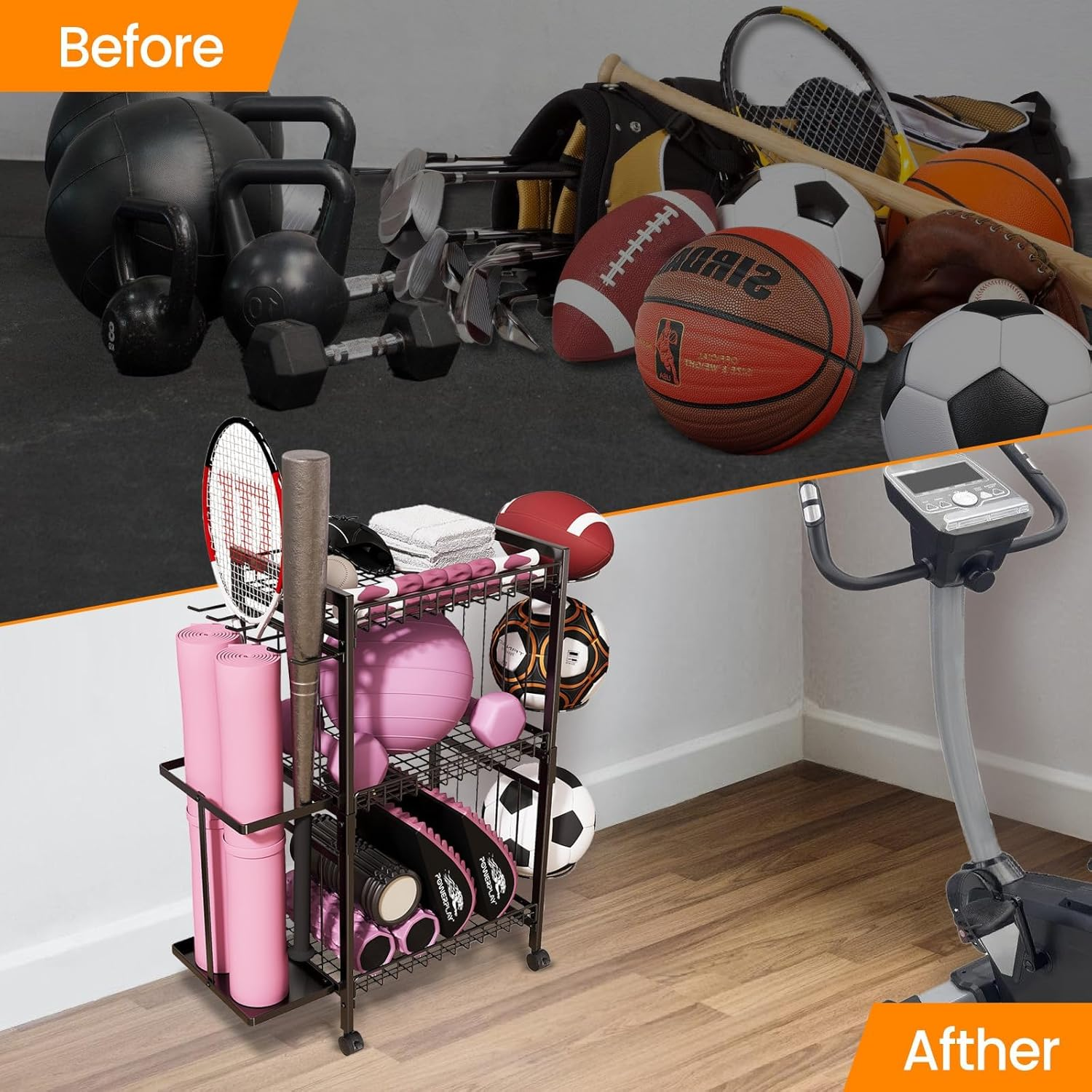 AILRINNI 3-Tier Yoga Rack - Large Capacity, Duty Home Gym, Large-Capacity Sturdy Yoga Mat Storage Rack, Waterproof & Rust-Resistant Fitness Rack, 360&deg; Swivel Wheels & Hooks, for Pilates/Home/Gym - Space-Saving image number 6