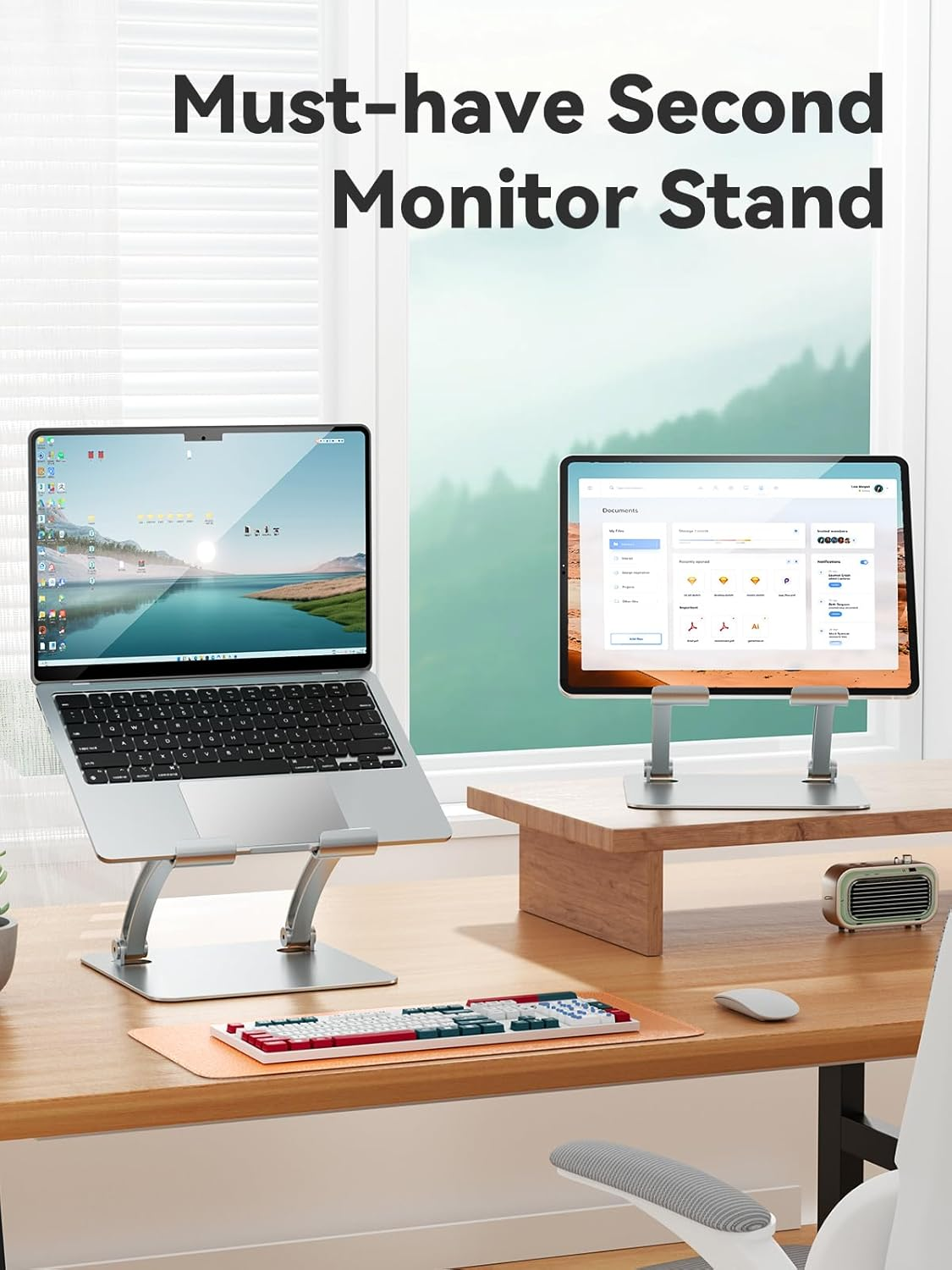 Tounee Tablet Stand for Ipad, Dual Rod Support Portable Monitor Stand Adjustable Aluminum Desktop Tablet Holder for Computer Desk Office Kindle Stand 2024 Ipad 4-16.5" -Silver - Gray image number 4