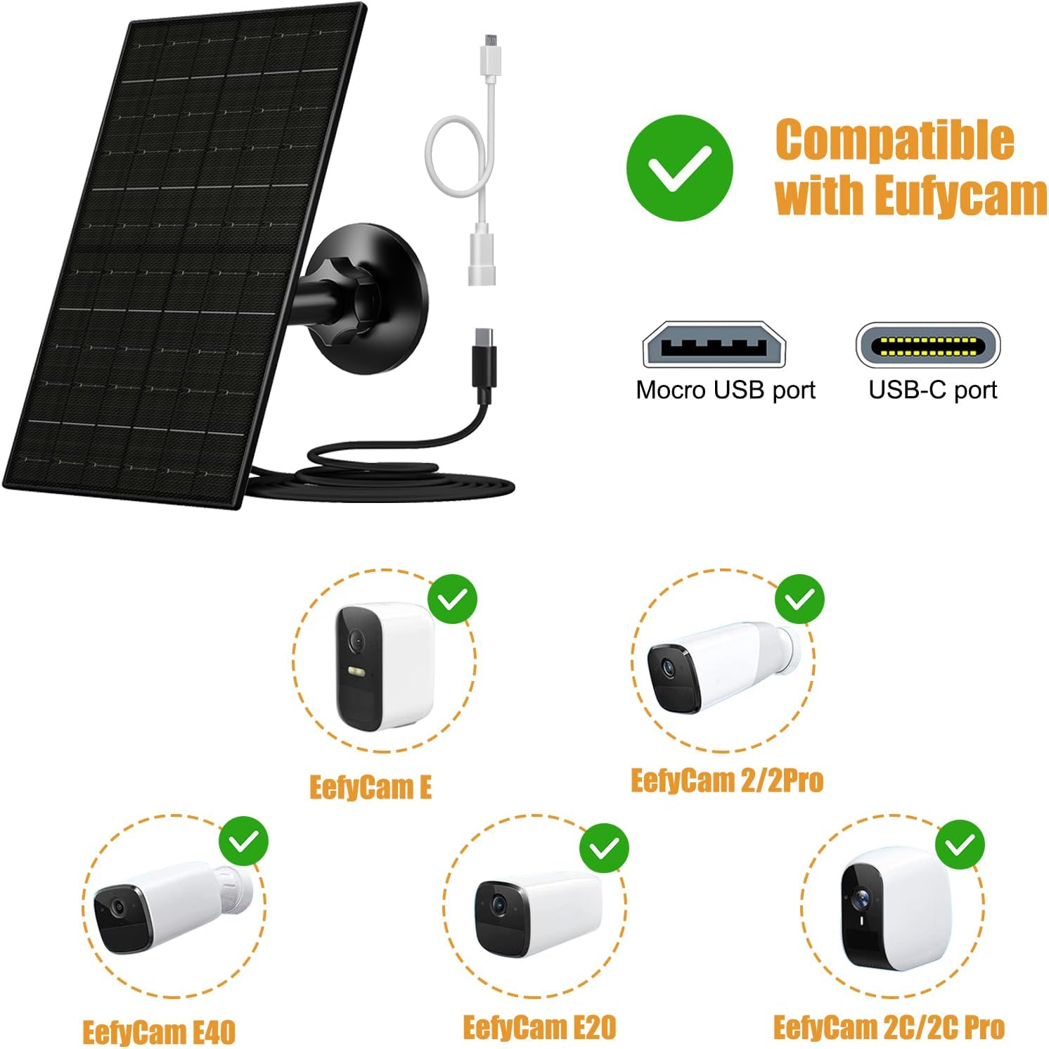 7W Solar Panel for Security Camera, USB C Solar Panel Charger for Camera, USB Solar Panel Compatible with Eufycam & DC 5V Rechargeable Battery Camera, IP65 Waterproof, 9.8Ft Charging Cable image number 4