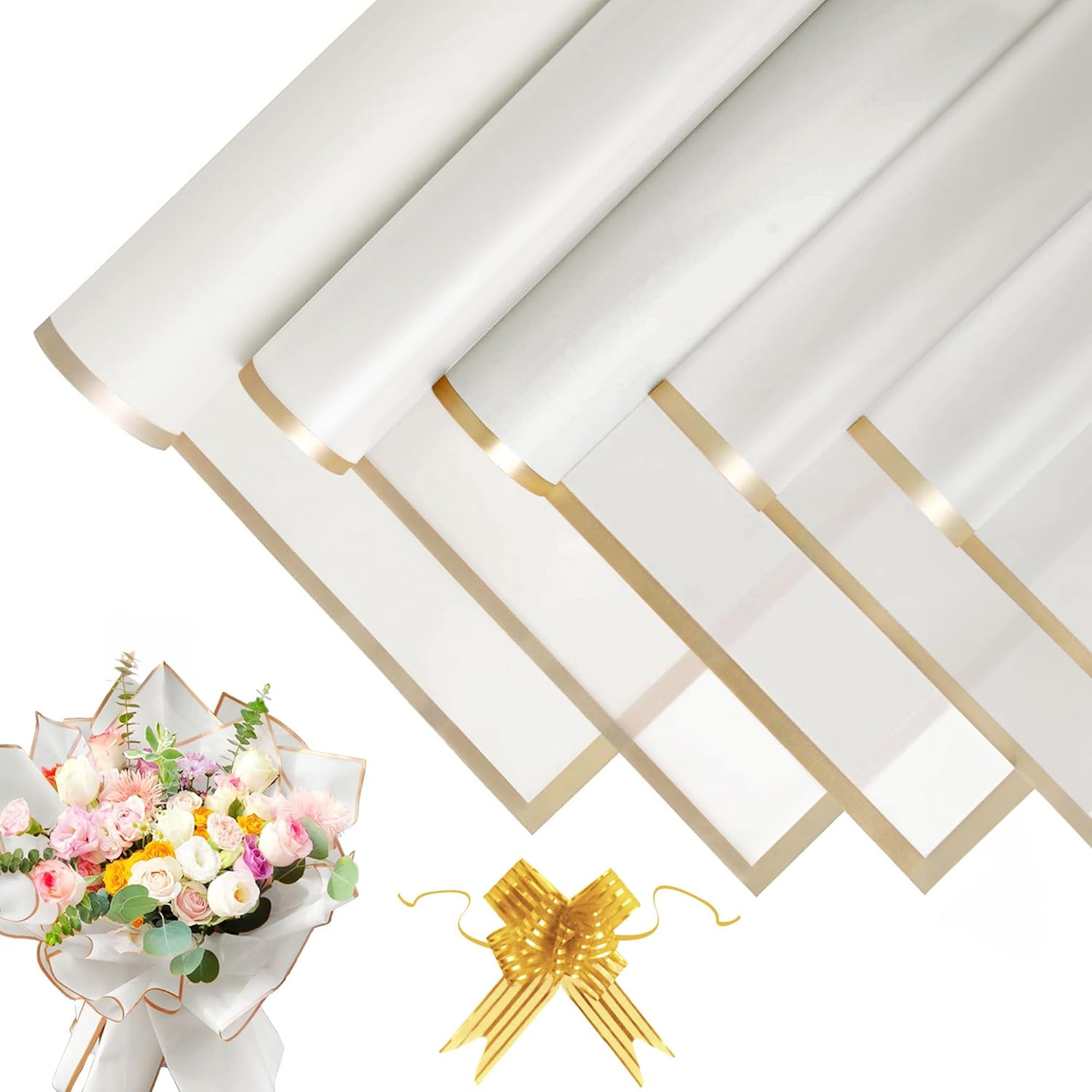 JOYIT 20 Sheets Flower Wrapping Paper - White, 22.8''X22.8'' with Ribbon, Waterproof, Perfect for Wedding, Birthday, Flower Shop, DIY Craft