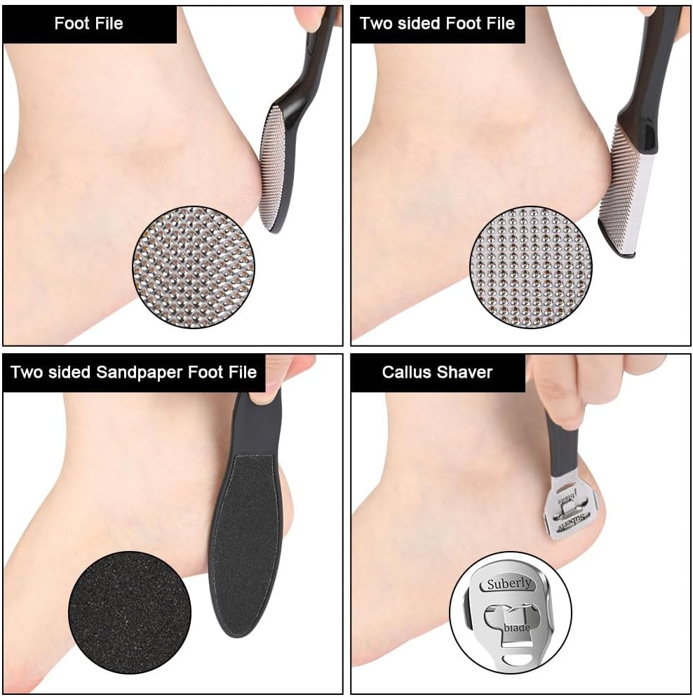 Alaoo Stainless Steel Callus Slicer, 30-In-1 Professional Pedicure Foot Care Set, Foot Scraper Razor, Dead Skin Remover with 10 Replacement Blades for Foot Care Pedicure (Black)