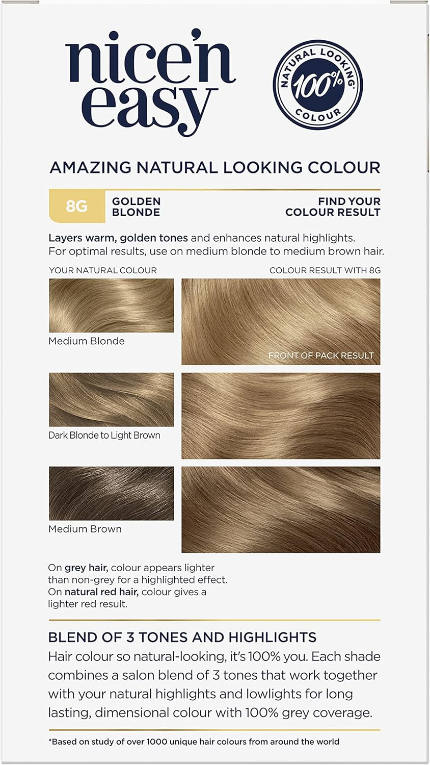 Clairol Nice 'N Easy Permanent Colour 8G Natural Golden Blonde, 100% Grey Coverage, Natural Looking Hair Colour image number 6