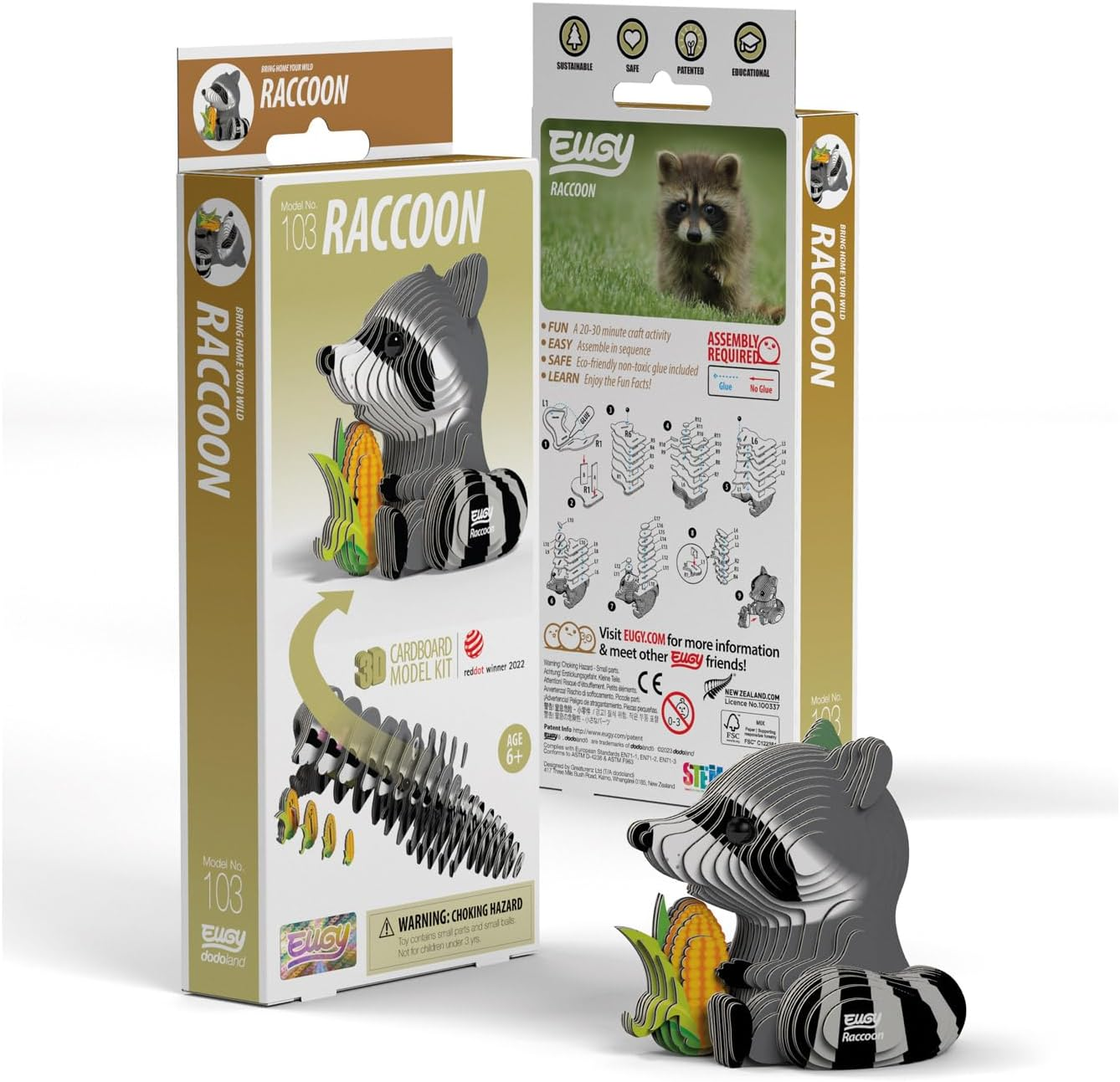 EUGY 103 Raccoon 3D Puzzle - 46 Piece Eco-Friendly Educational Toy Puzzle for Boys, Girls & Kids Ages 6+ image number 3