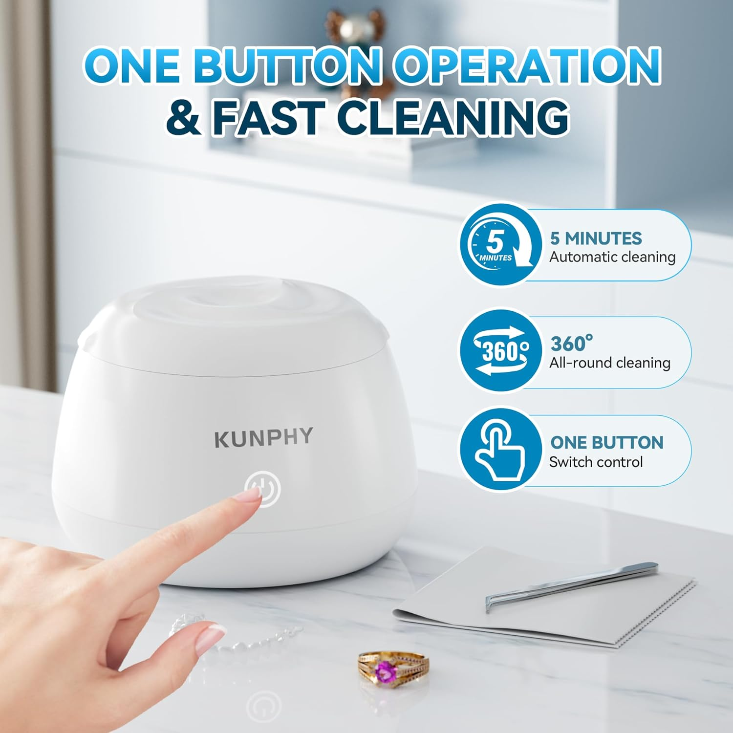 KUNPHY Retainer Cleaner, 48Khz Dental Pod with Cleaning Tablets, Water-Proof Ultrasonic Retainer Cleaner for Deep Cleaning Night Guard, Mouth Guard, Aligner, Jewelry, White image number 1
