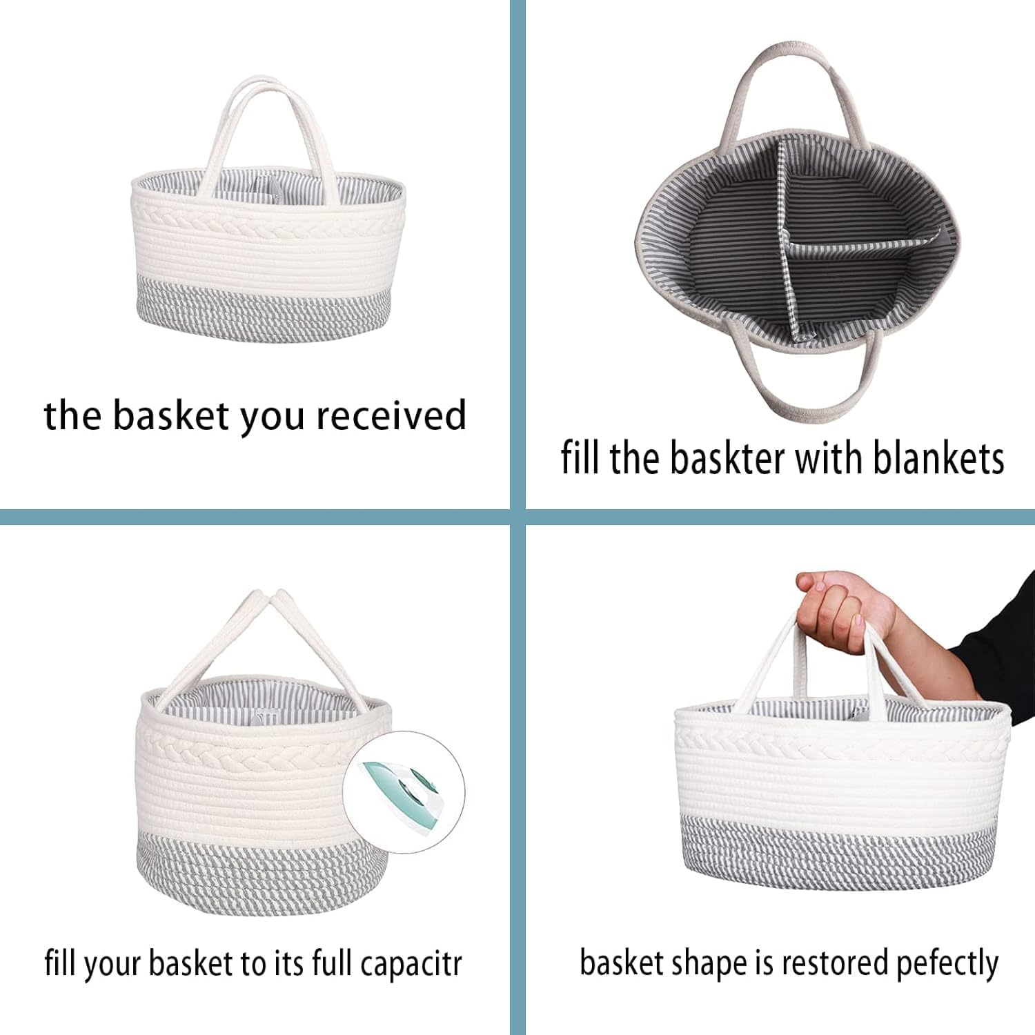 Mother and Baby Product Storage Basket, Portable Compartment Storage Basket, Bohemian Cotton Rope Storage Basket, with Removable Inserts, Nappy Organiser (White Pink) image number 1