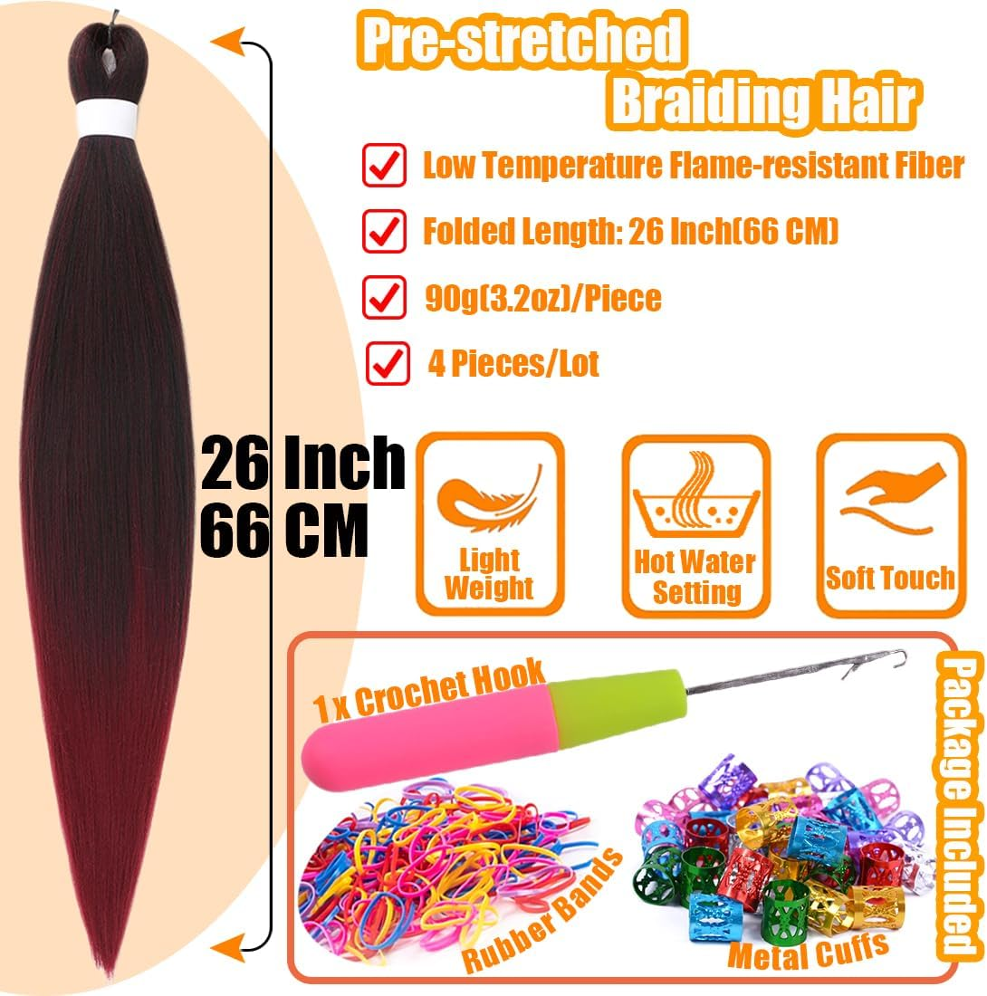 SAISIFEN Braiding Hair Pre-Stretched Yaik Straight 4 Pieces/Lot Ombre Colored Synthetic Long Hair Extensions Crochet Braids Hair Hot Water Setting 90G/Piece 66 CM/26 Inch #T1B/Burgundy Color image number 3