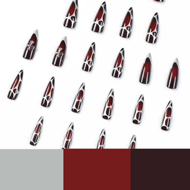 Mouyouglow Press on Nails Extremely Long, Stiletto Halloween Black Red Silver French 3D Cross Charms Gothic Fake Nails with Nail Glue, Black Red Silver Wavy Artificial Fingernails