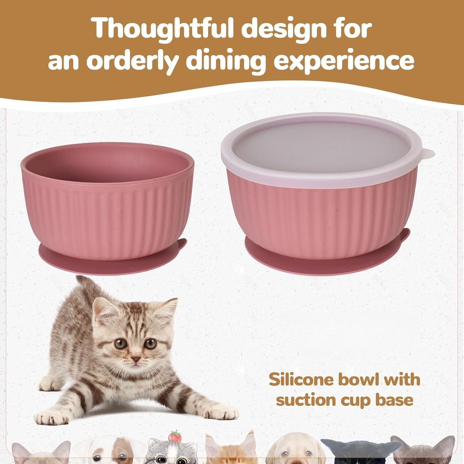 Set of 3 Silicone Cat Bowls with Lid, Non-Slip Suction Cup Feeding Bowls Set, for Kittens and Small Dogs, Microwave Dishwasher Safe, Striped Design Pet Bowls